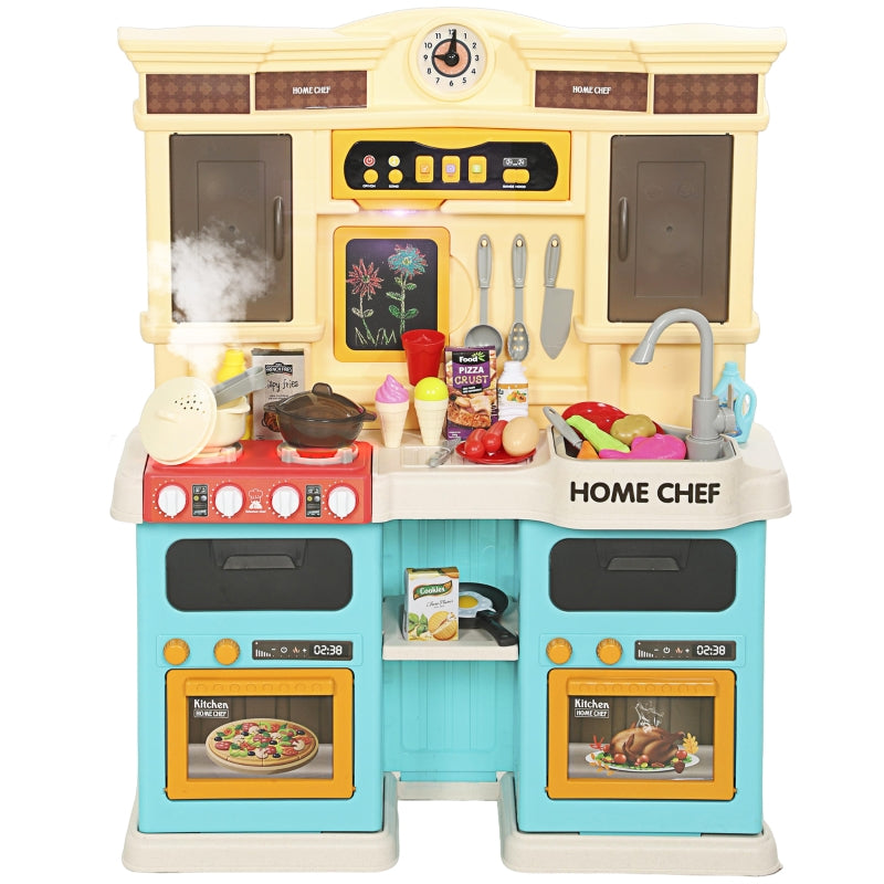 Play Kitchen, Running Water 85-Piece Set Lights Sounds Ages 3-6, Green Plastic
