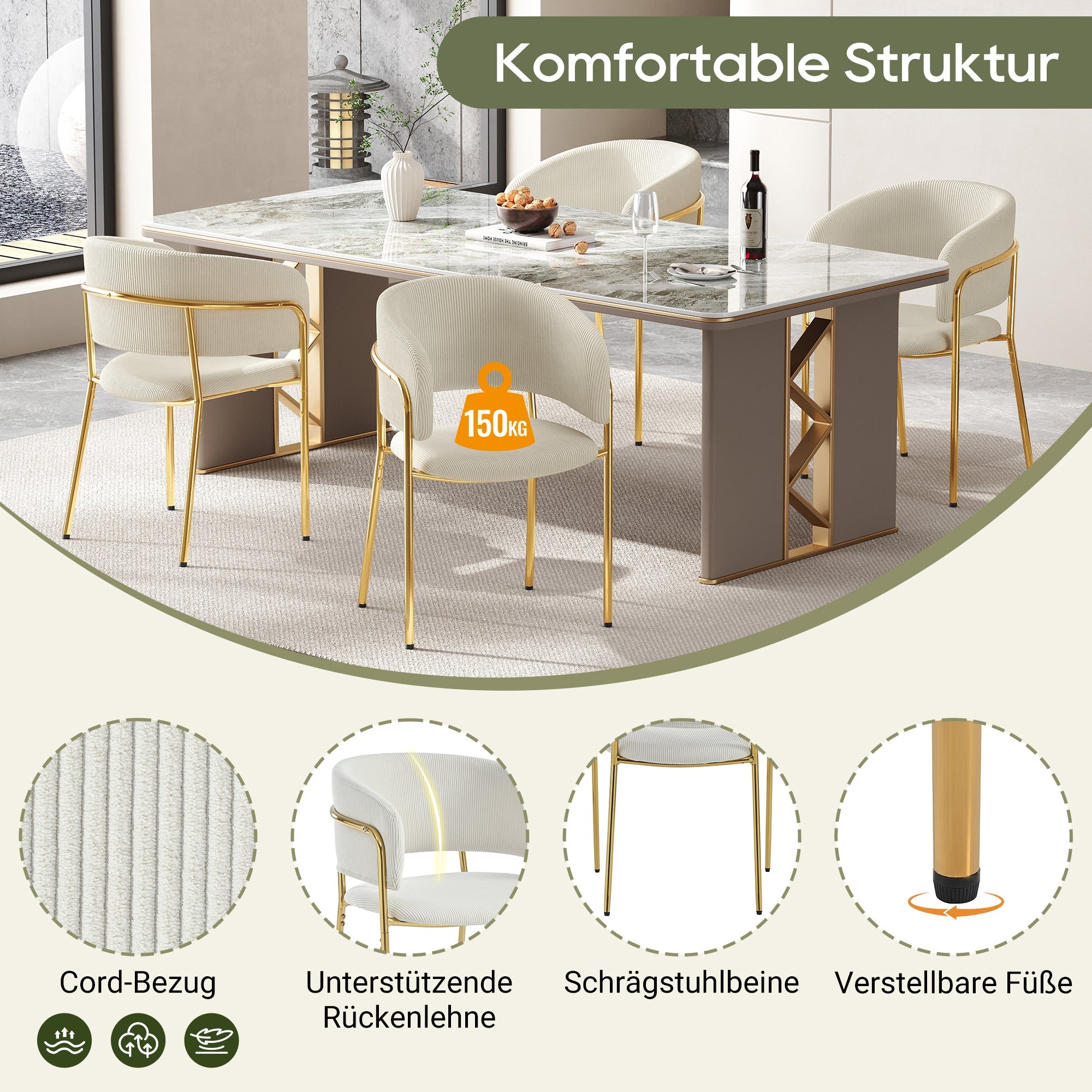 4 Modern Chairs Angled Legs, Adjustable Feet Corduroy Fabric (Beige)