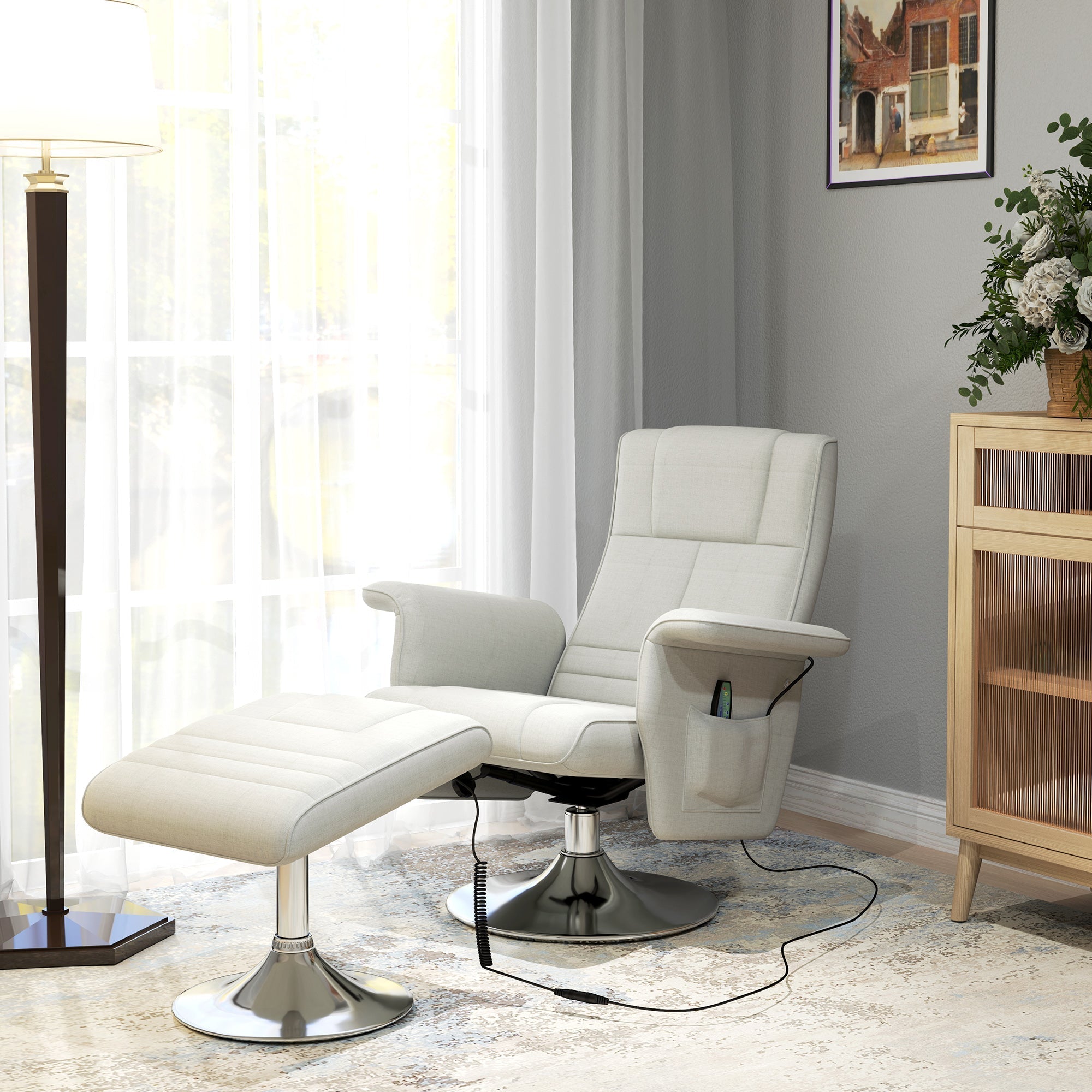 Recliner Chair, Swivel Massage with Footstool, Electric, Linen Look, Steel, Cream White