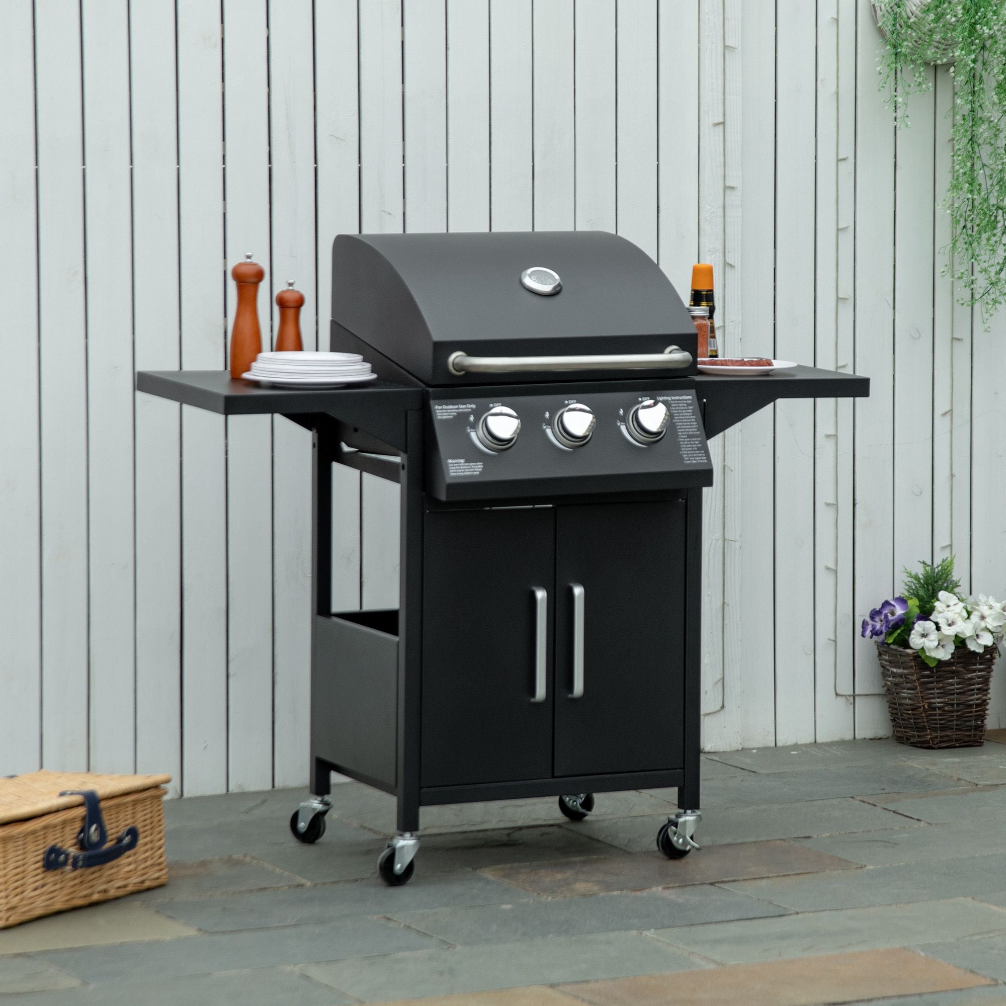 3 Burner Gas BBQ Grill, Portable Trolley w/ Warming Rack & Thermometer, Carbon Steel, Black