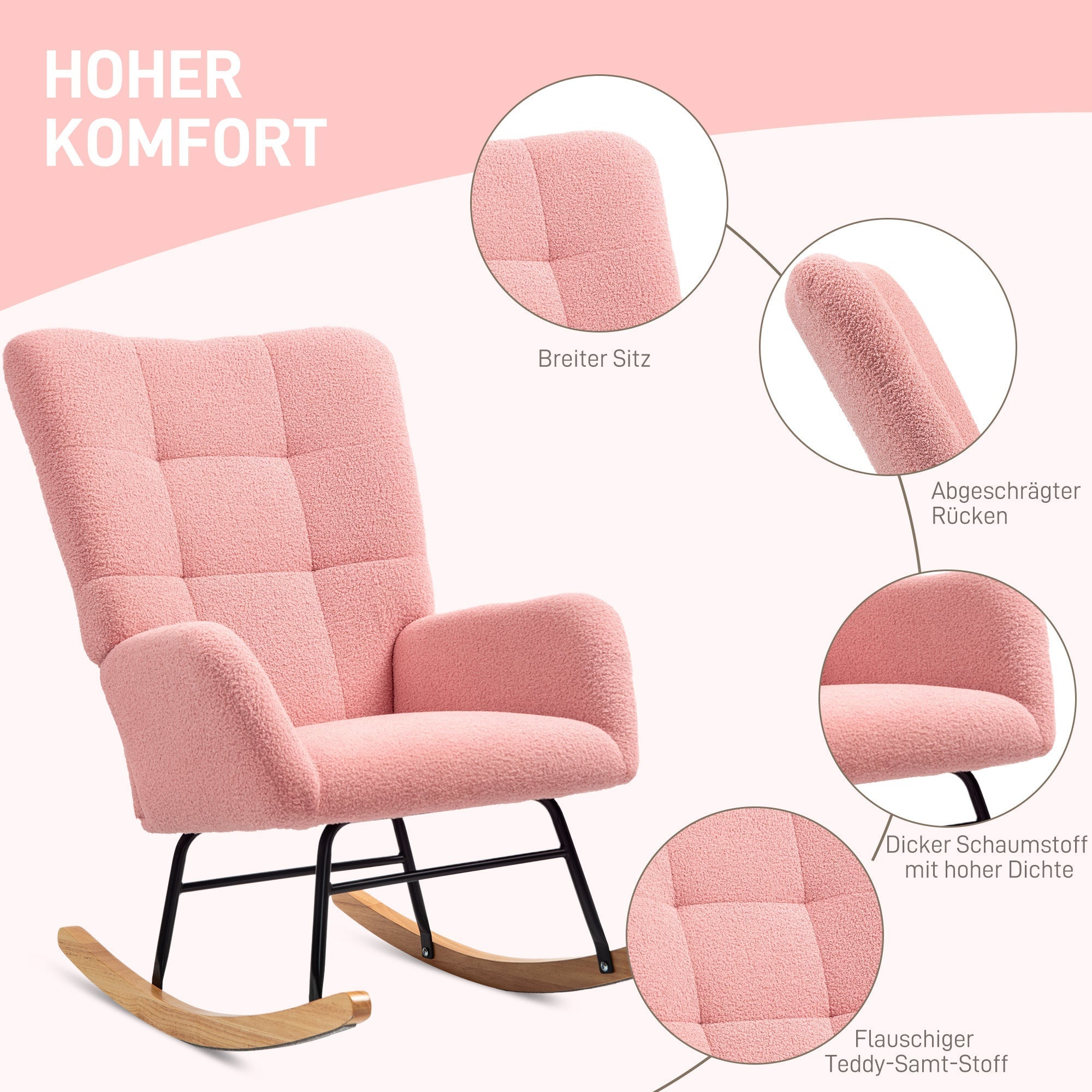 Rocking chair with armrests, teddy velvet, pink