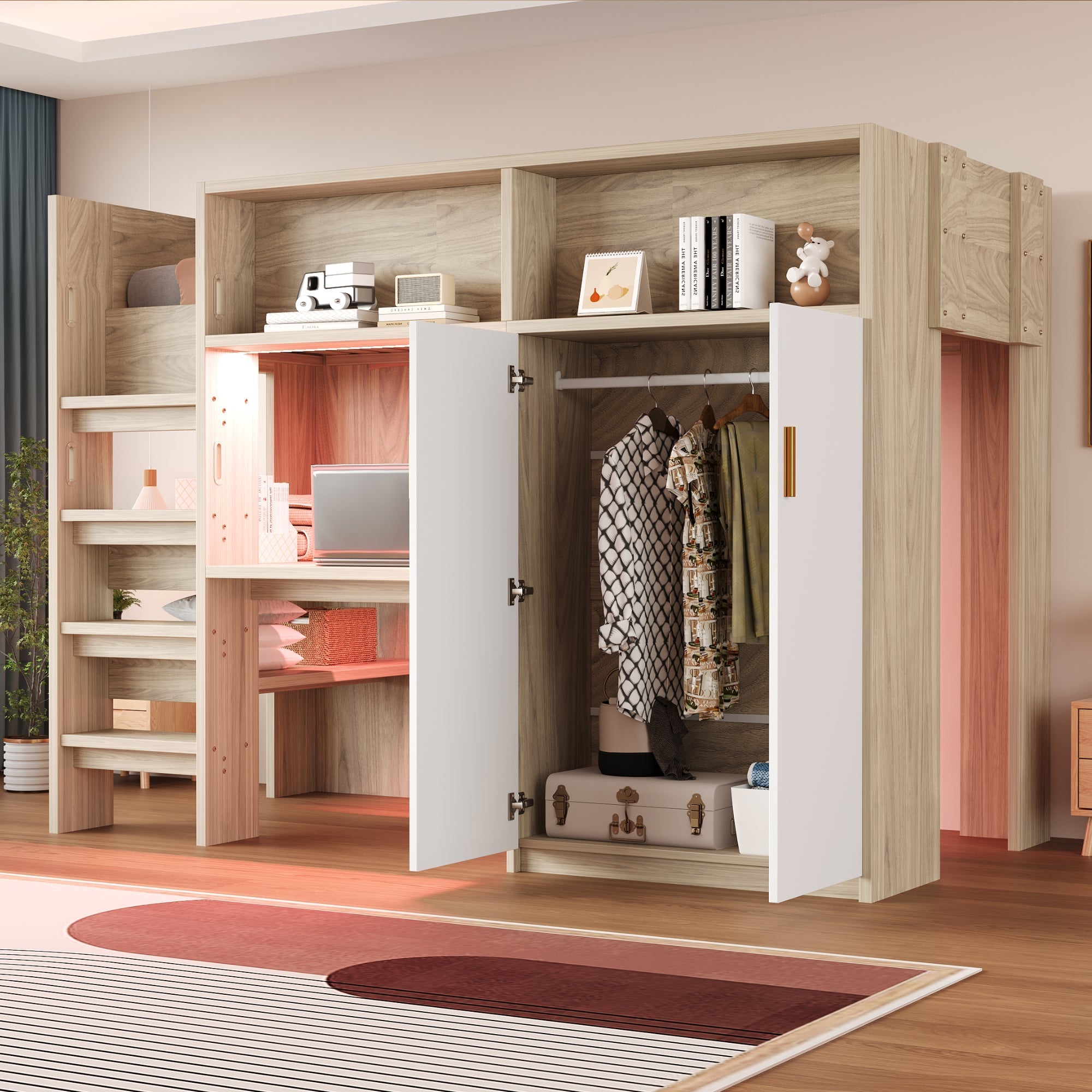 Multifunctional Loft Bed with Desk, Wardrobe, Shelf and LED Lighting, Wood Color