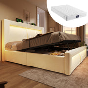 Double Bed with Hydraulic Storage, LED Lighting and Charging Ports, Beige Velvet