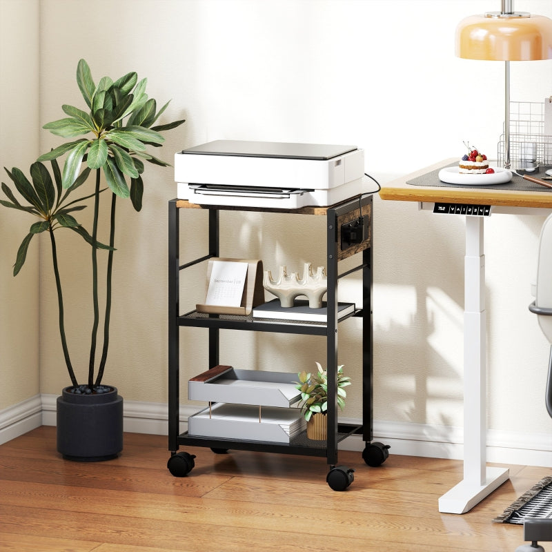 Printer Stand with Wheels Power Outlets USB & USB-C Ports - Rustic Brown