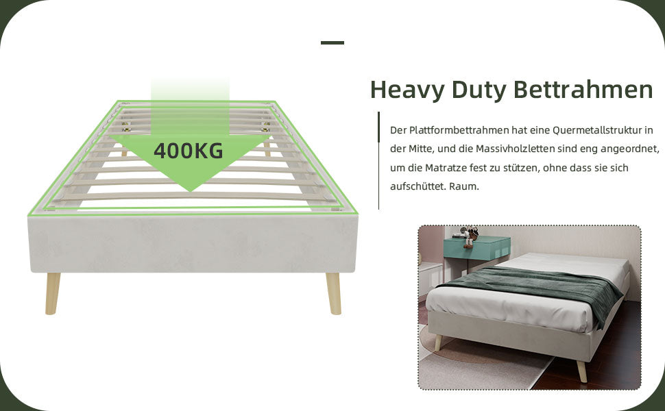 Modernes minimalistisches Bettgestell, 90x200 cm flaches Gestell, beiger holländischer Samt