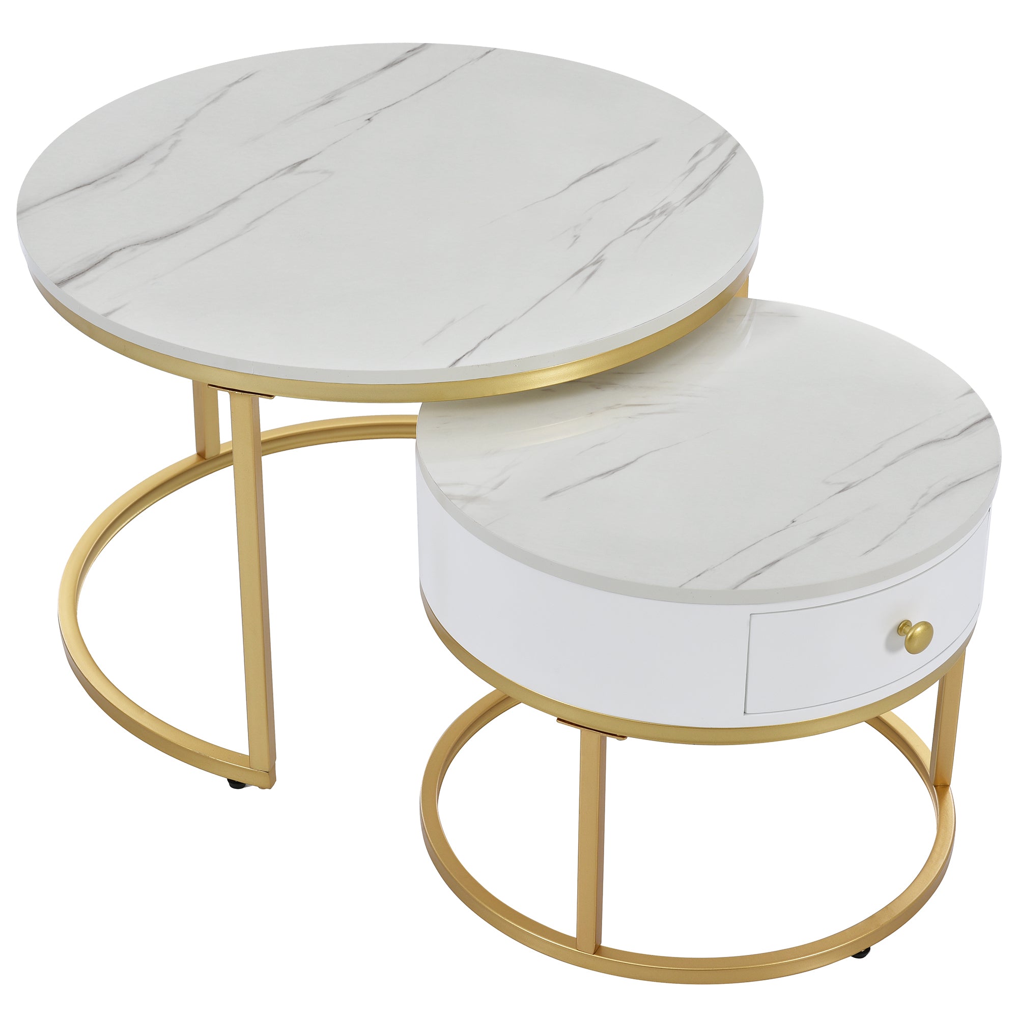 Modern Nesting Coffee Table, 2-Piece Set Round Nested Side Table, High Gloss White Marble Pattern