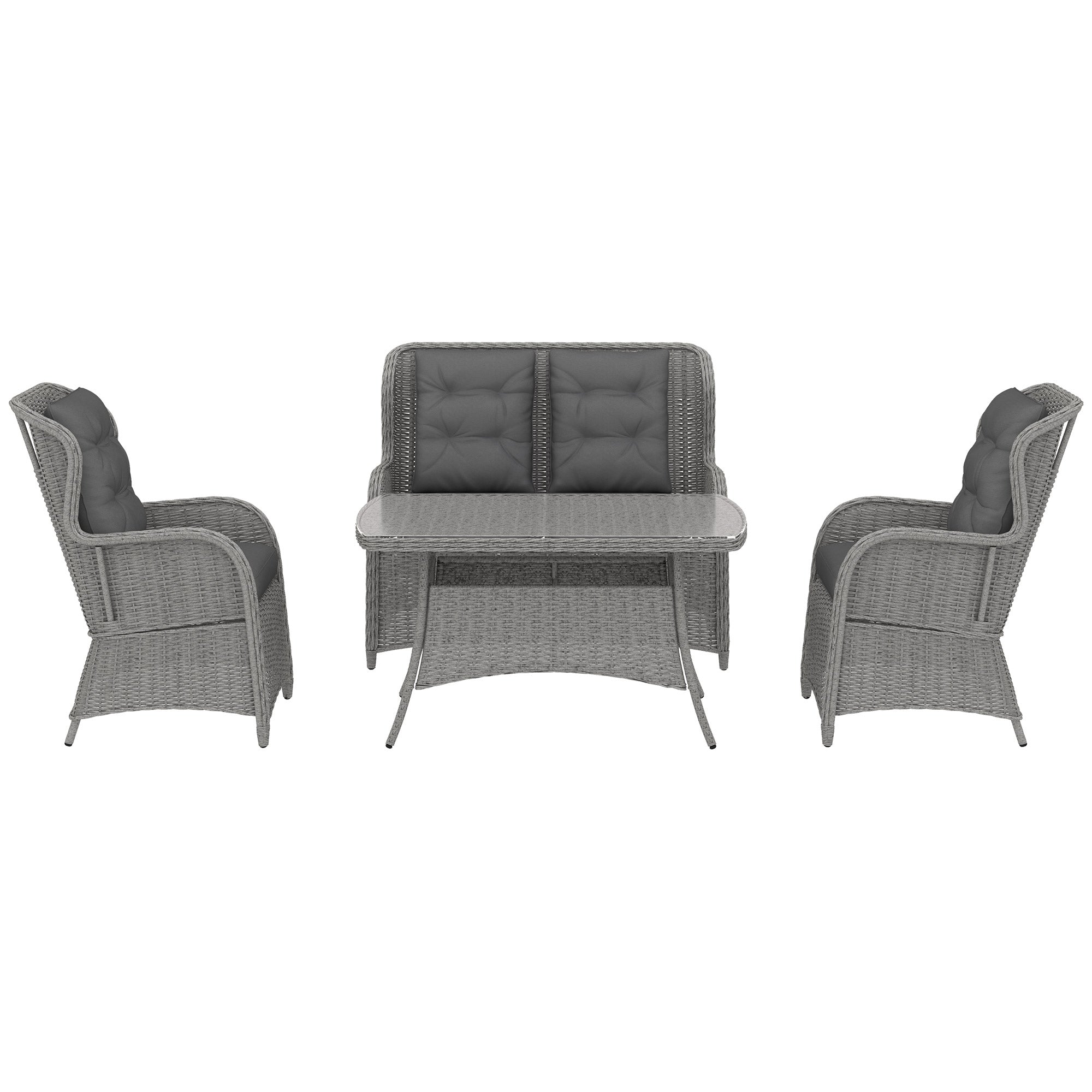 Garden PE Rattan Dining Sofa Set, 4 Seater High Back Wicker Chairs and Glass Table, Light Grey