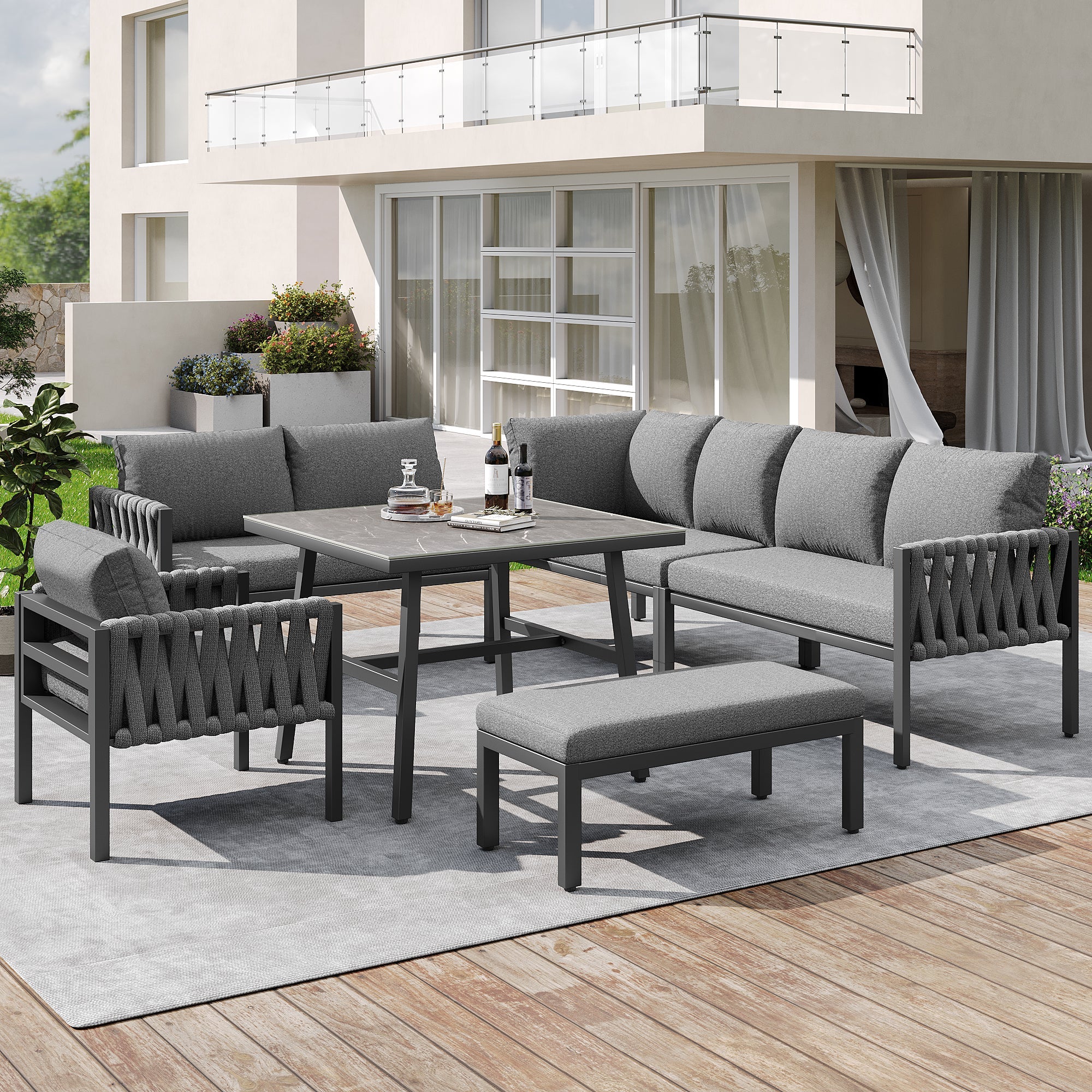 Garden Furniture Set Rope Corner Sofa Adjustable Legs Tempered Glass - Grey