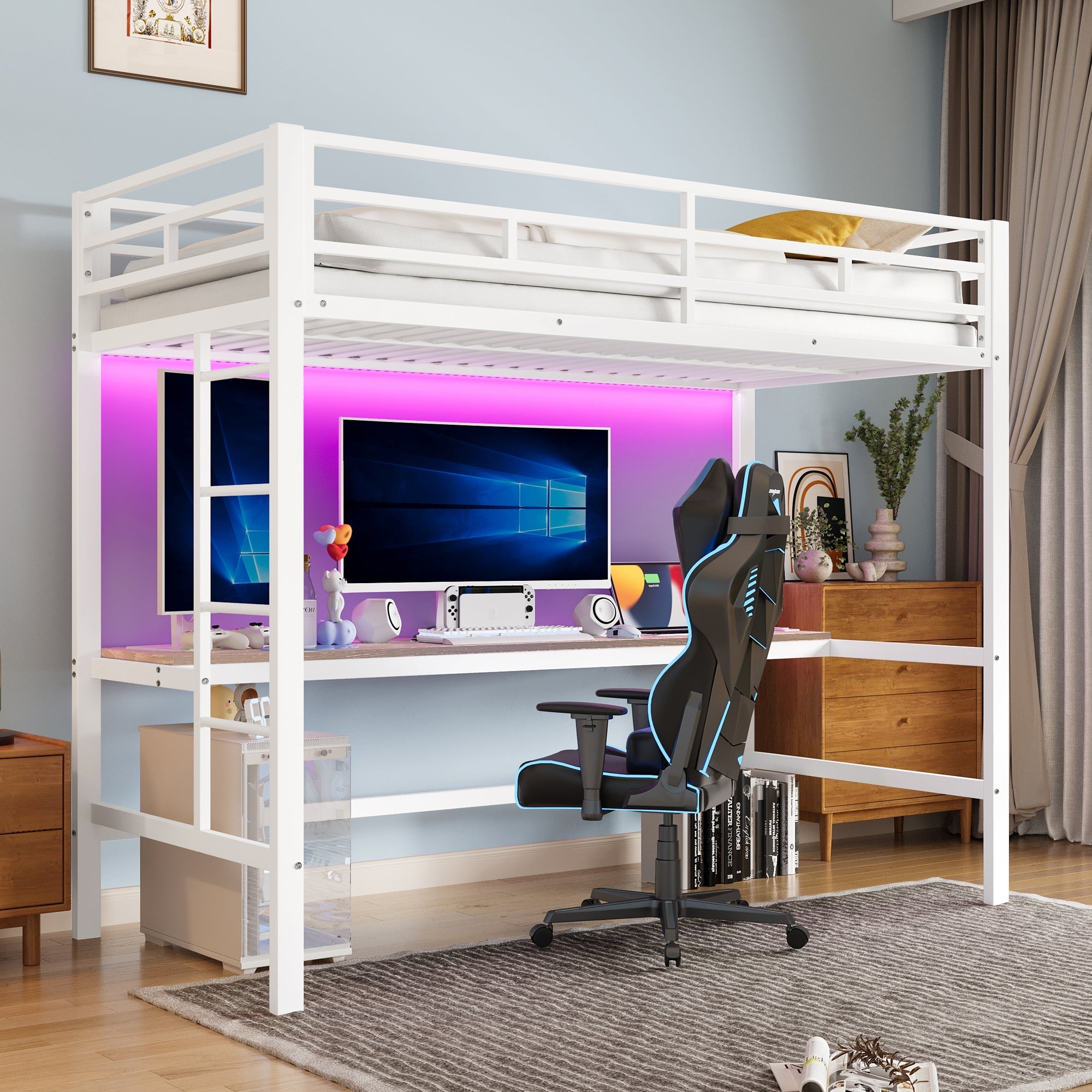 Loft Bed with Desk, USB Ports and LED Light Strip, White Metal