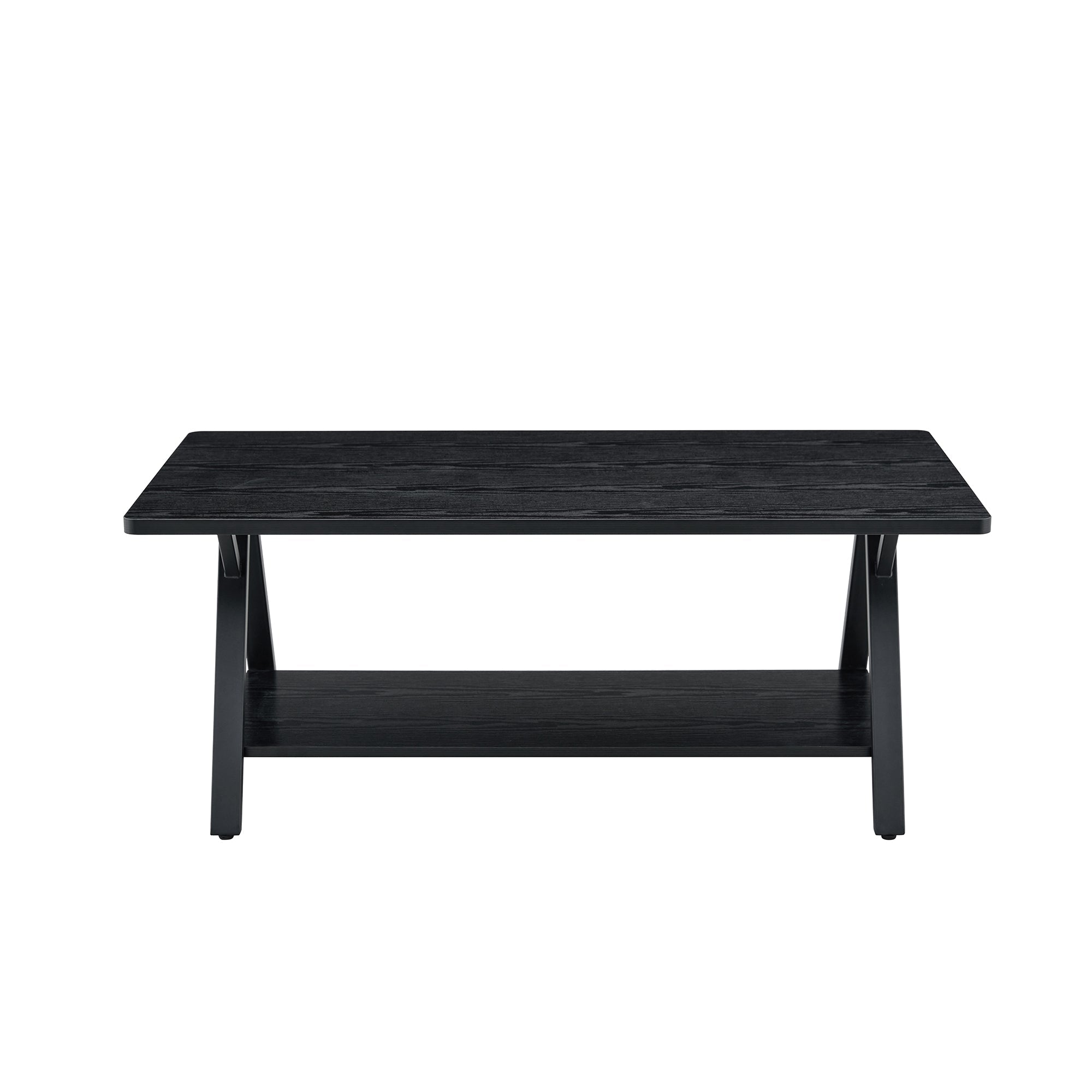 Modern Industrial Coffee Table with Storage Shelf and Metal Frame, 110x57x44.5cm, Black Wood Grain