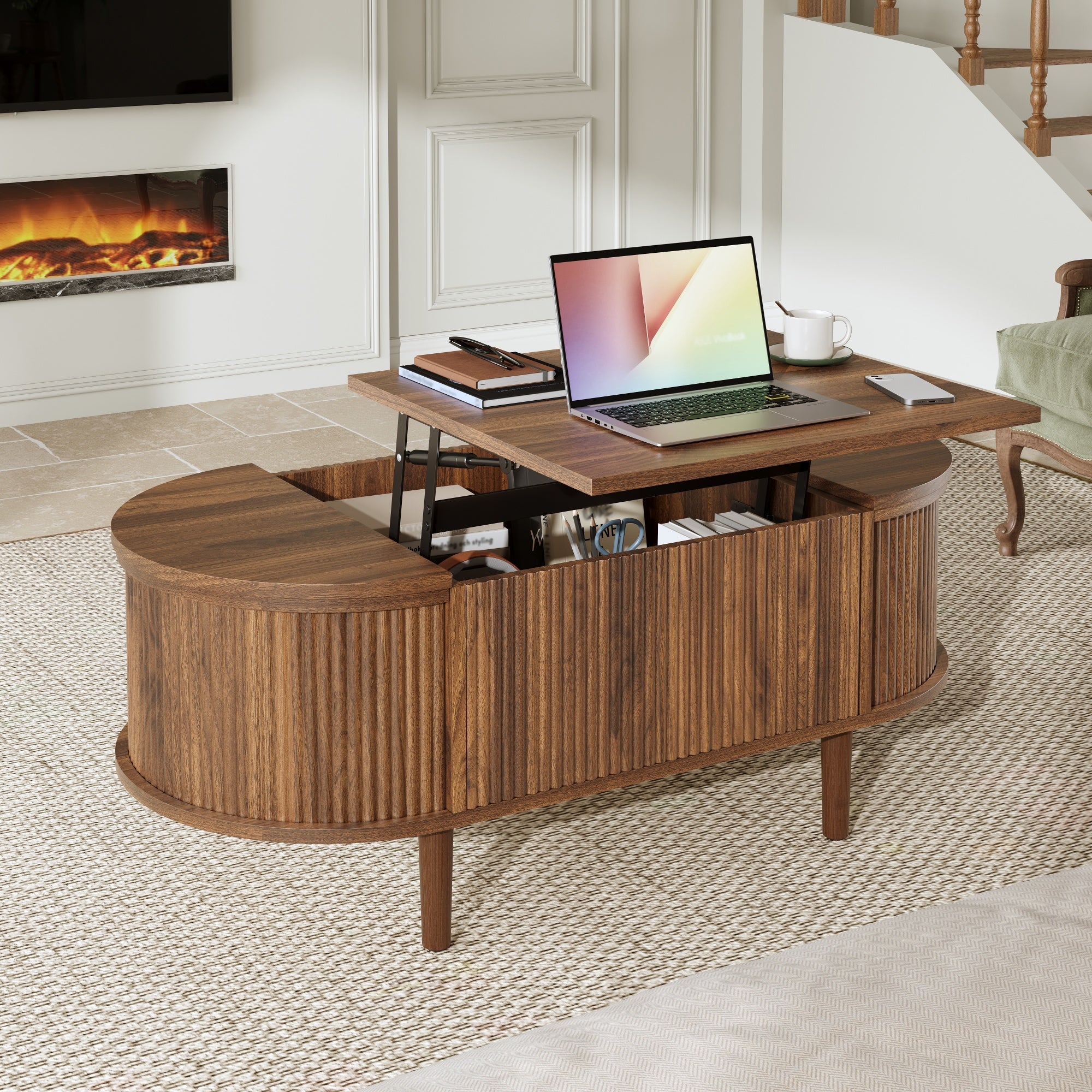 Oval Coffee Table with Adjustable Storage and Vintage Style, Solid Wood Legs