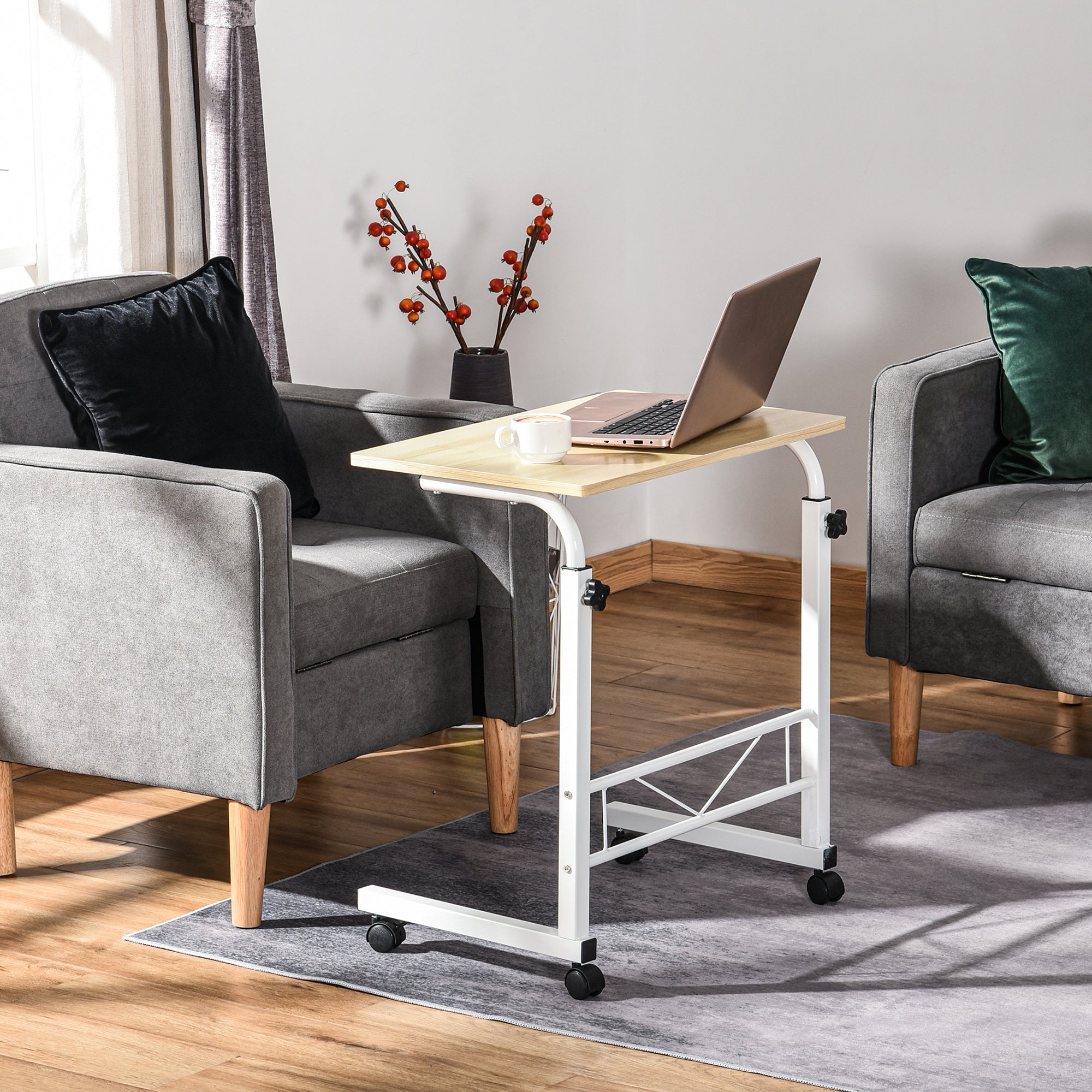 Beistelltisch verstellbar, fahrbarer C-Tisch, Spanplatte & Stahl