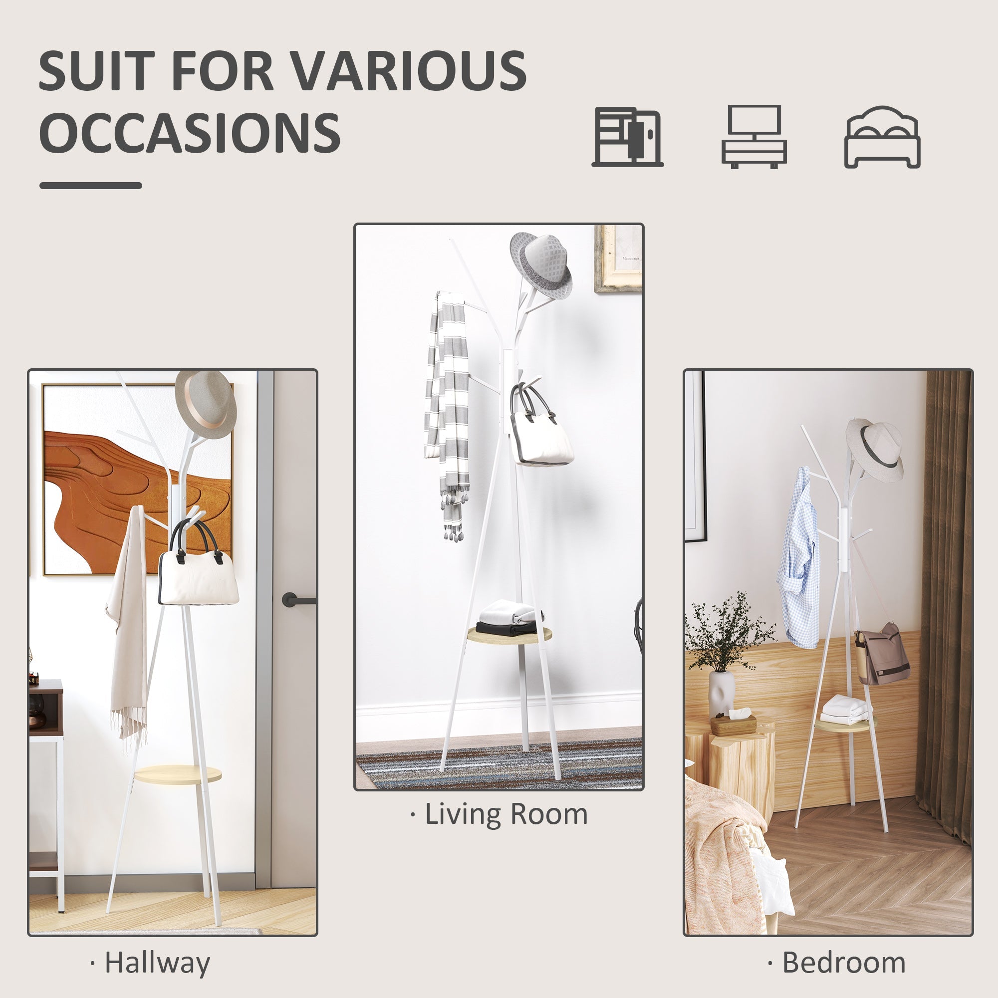 Freestanding Coat Rack Stand 9 Hooks 1 Shelf Metal White