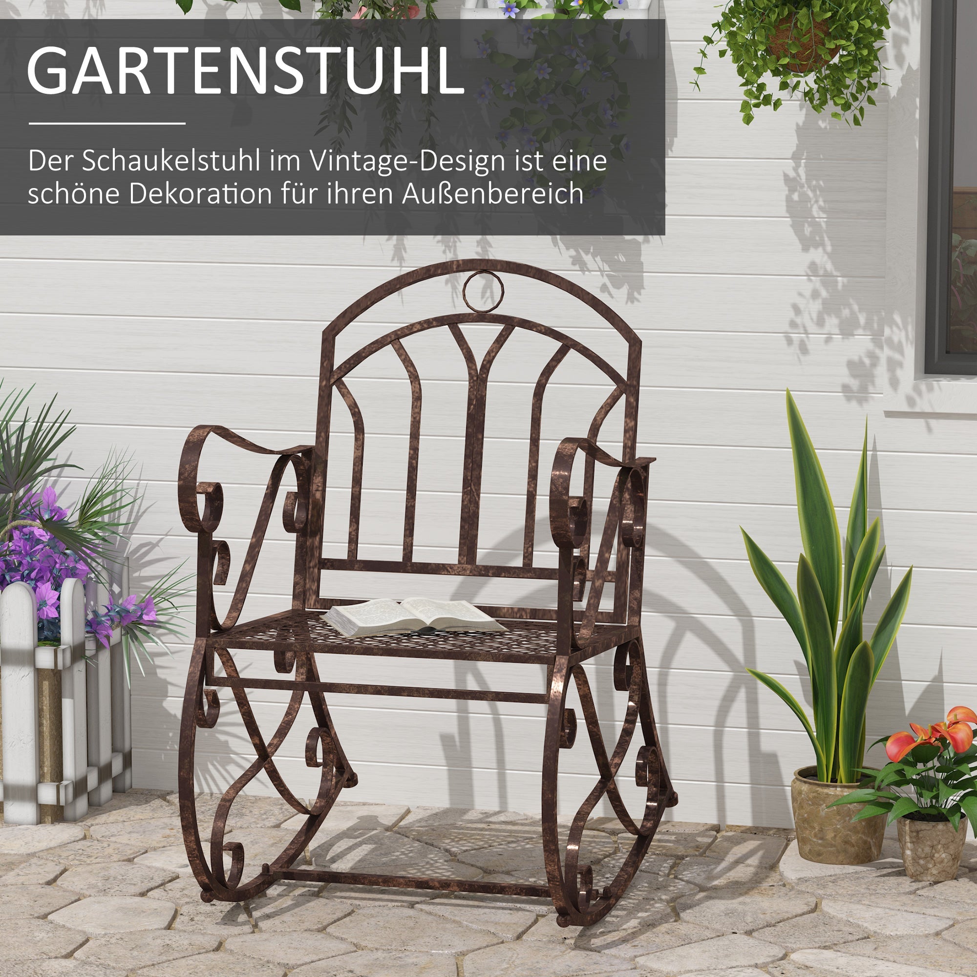 Vintage Rocking Chair 150 kg Capacity Elegant Curves High Comfort, Bronze-Red Metal