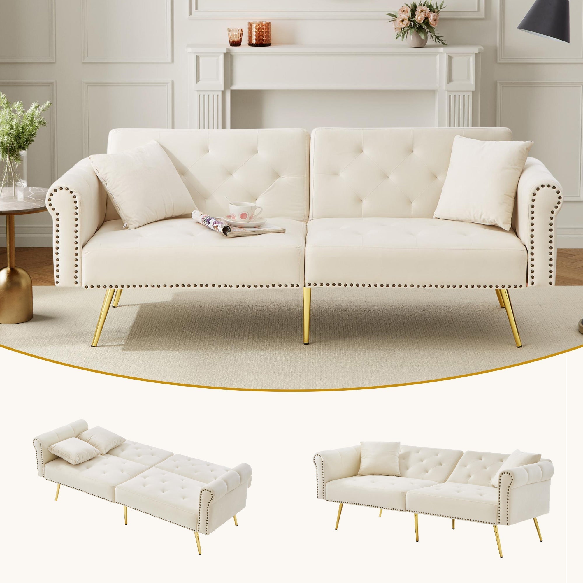 Modernes 2-Sitzer Schlafsofa mit 3-fach verstellbarer Rückenlehne, Samt