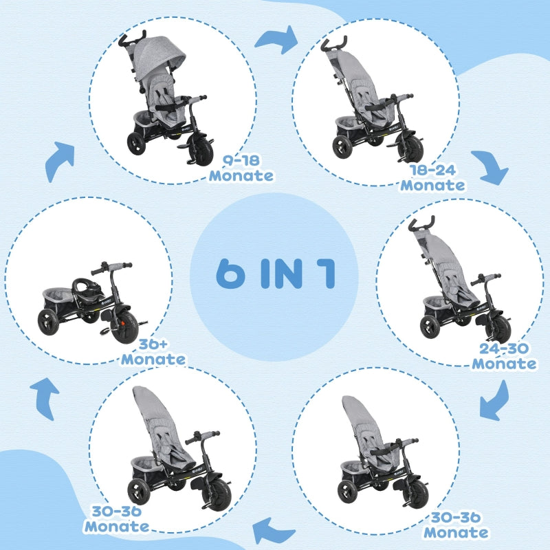 6-in-1 Tricycle with Push Bar, Removable Sun Canopy, 5-Point Safety Harness, Grey