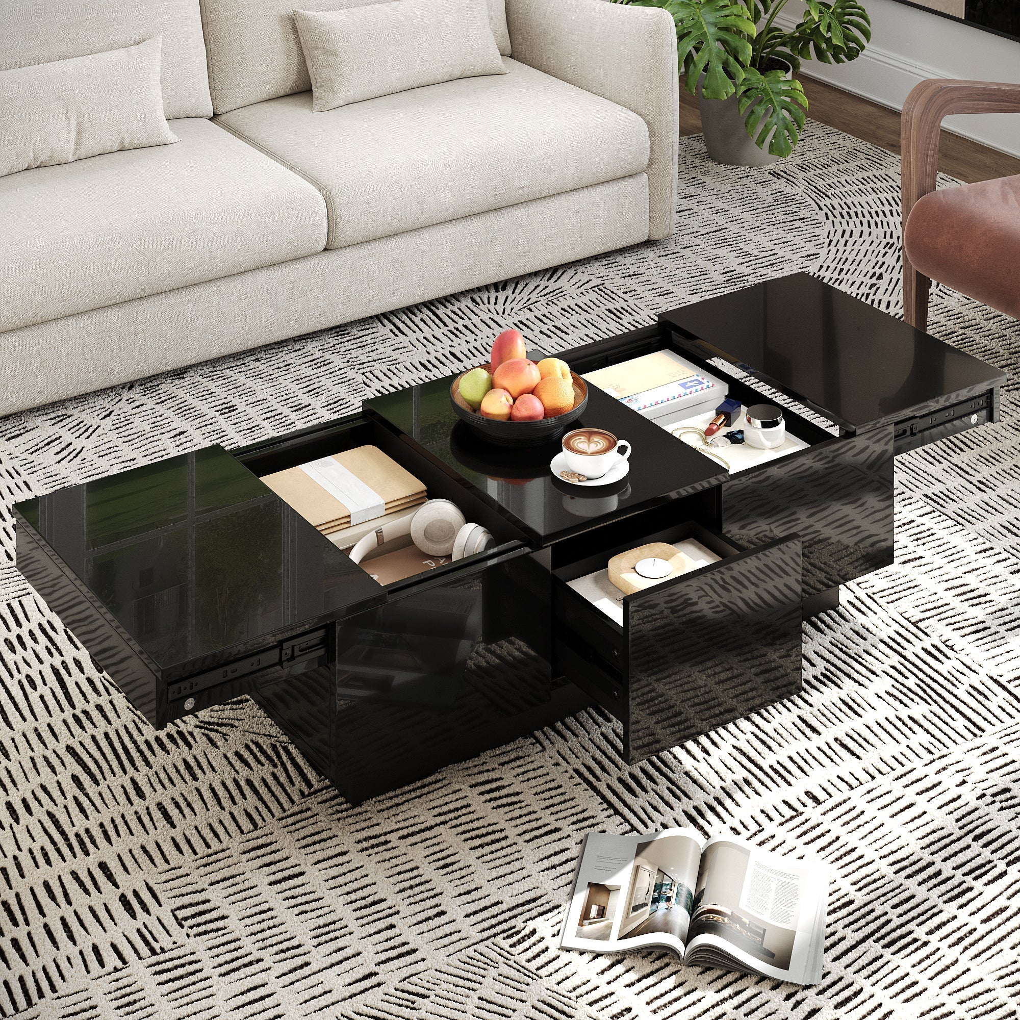 Coffee Table Modern Rectangular High-Gloss with Drawers Sliding Compartment Black