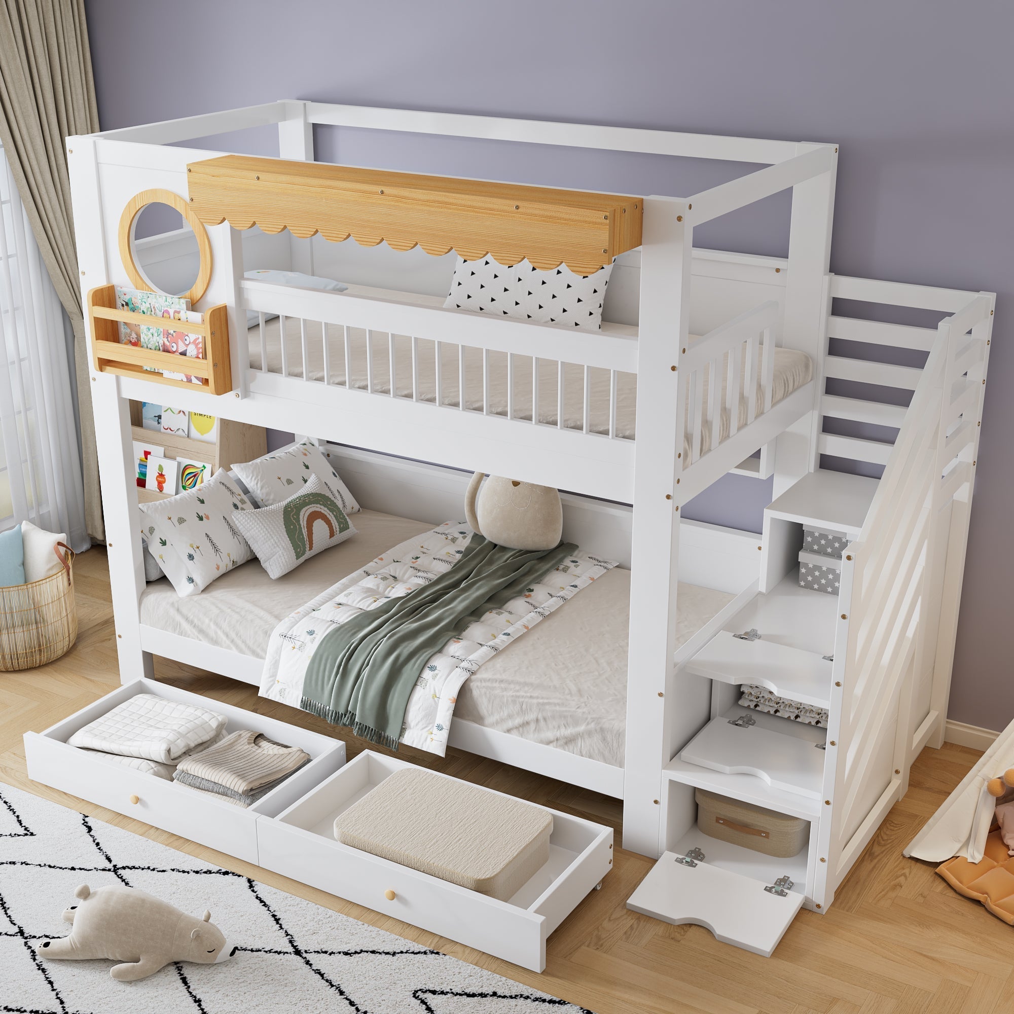 Bunk Bed with Storage Drawers, Staircase Wardrobe, 90x200cm, Pine + MDF White/Natural