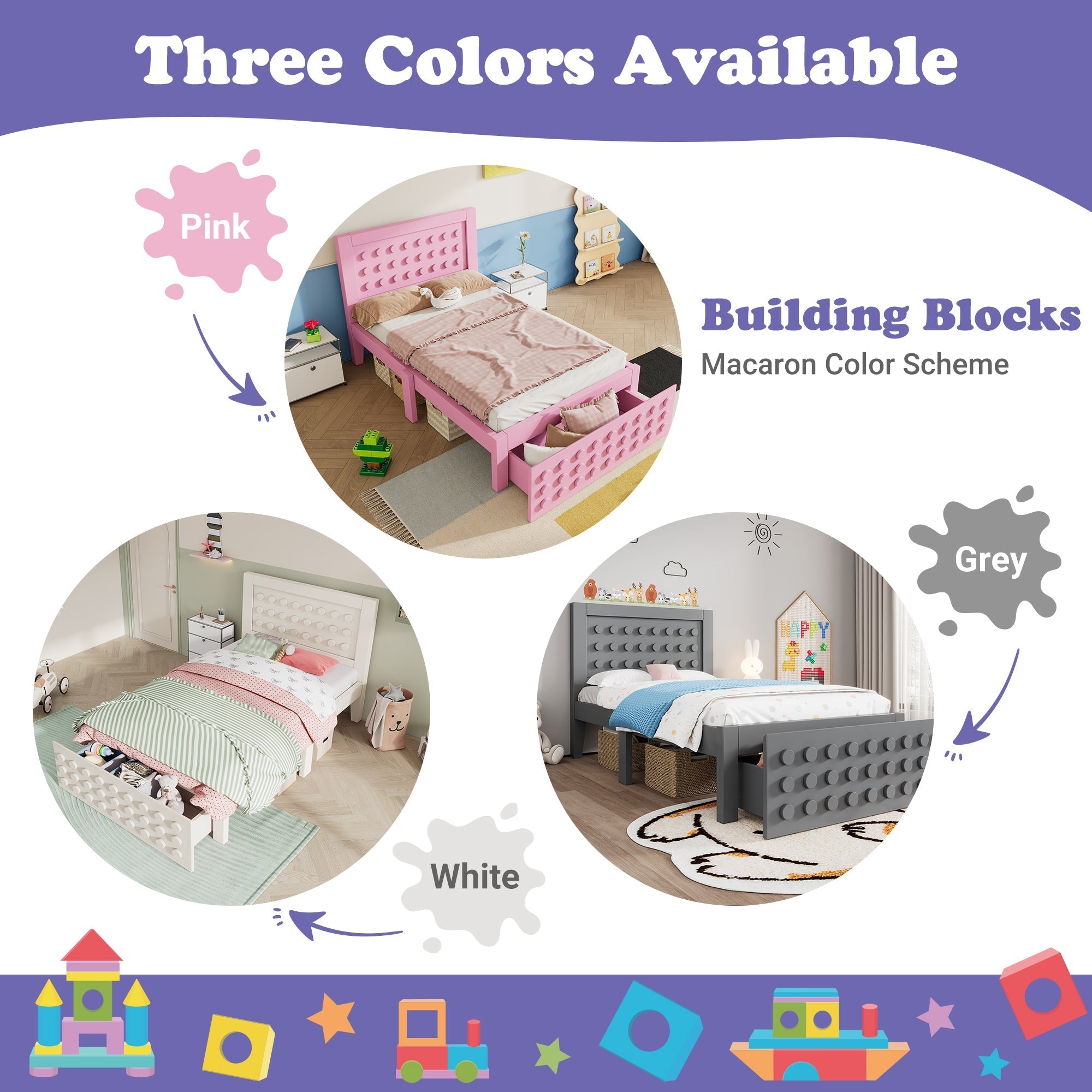 Wooden Single Bed 90x190cm Children's Creative Block Design with Drawers Pink