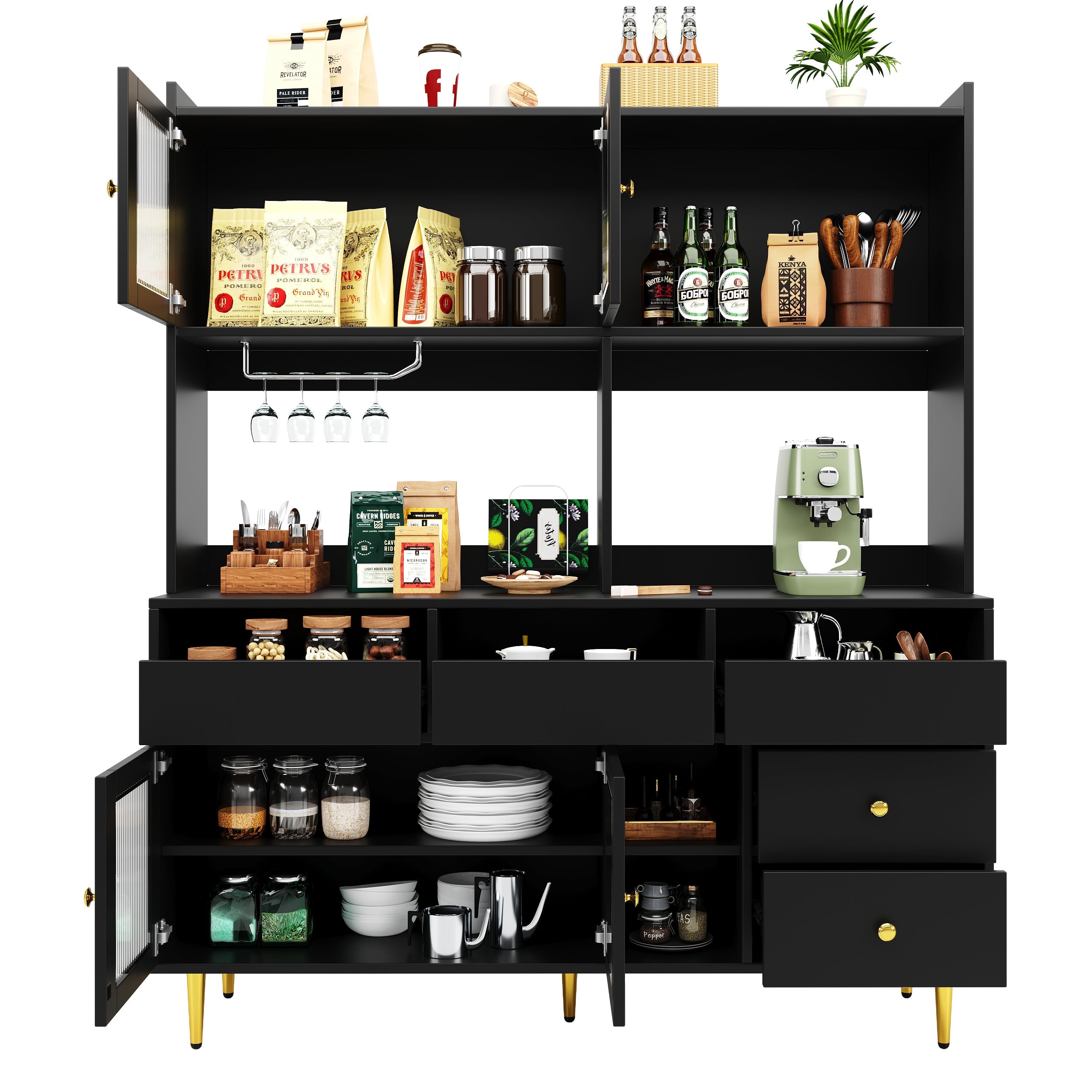 Dining Room Tall Cabinet, Changhong Glass Doors, Wine Glass Rack, Multi-Layer Storage, Black with Gold Decor