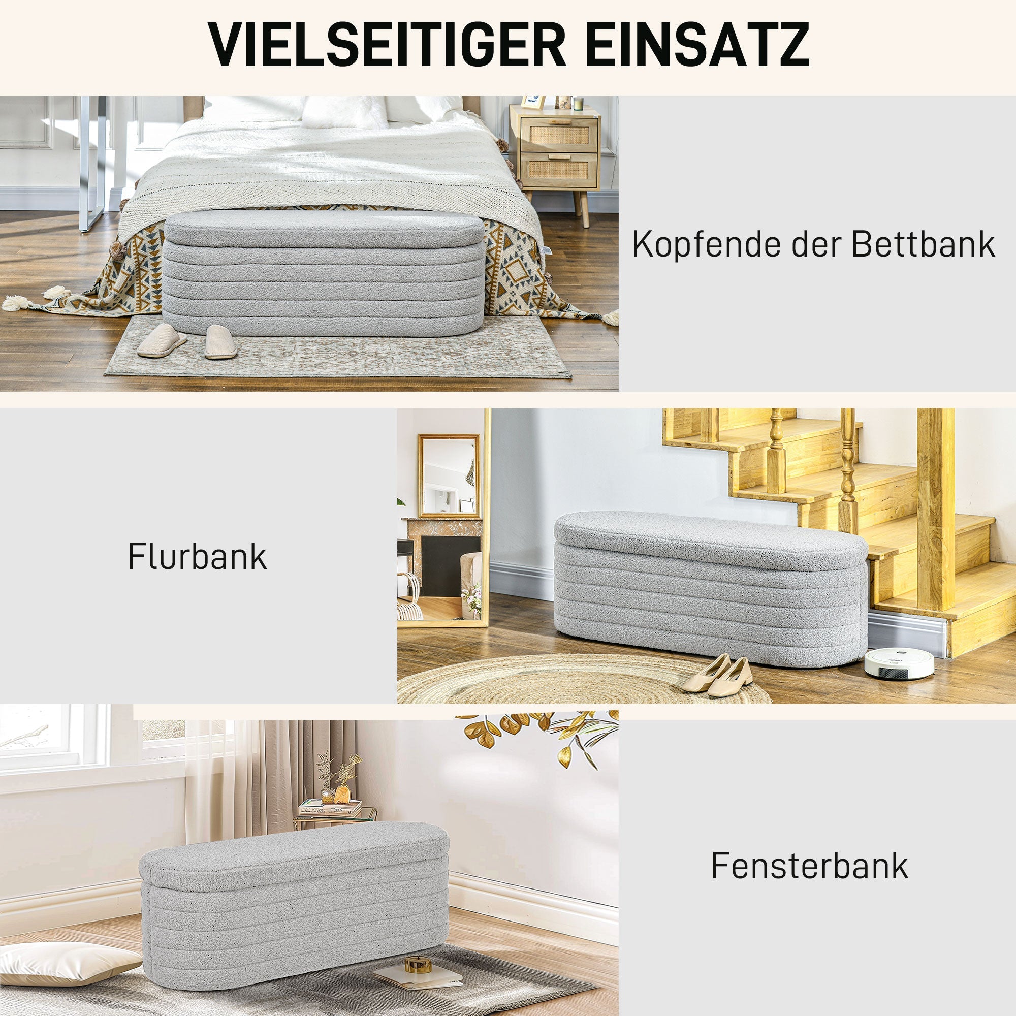 Bedroom Bench Storage Wooden Legs Teddy-Fleece Light Grey