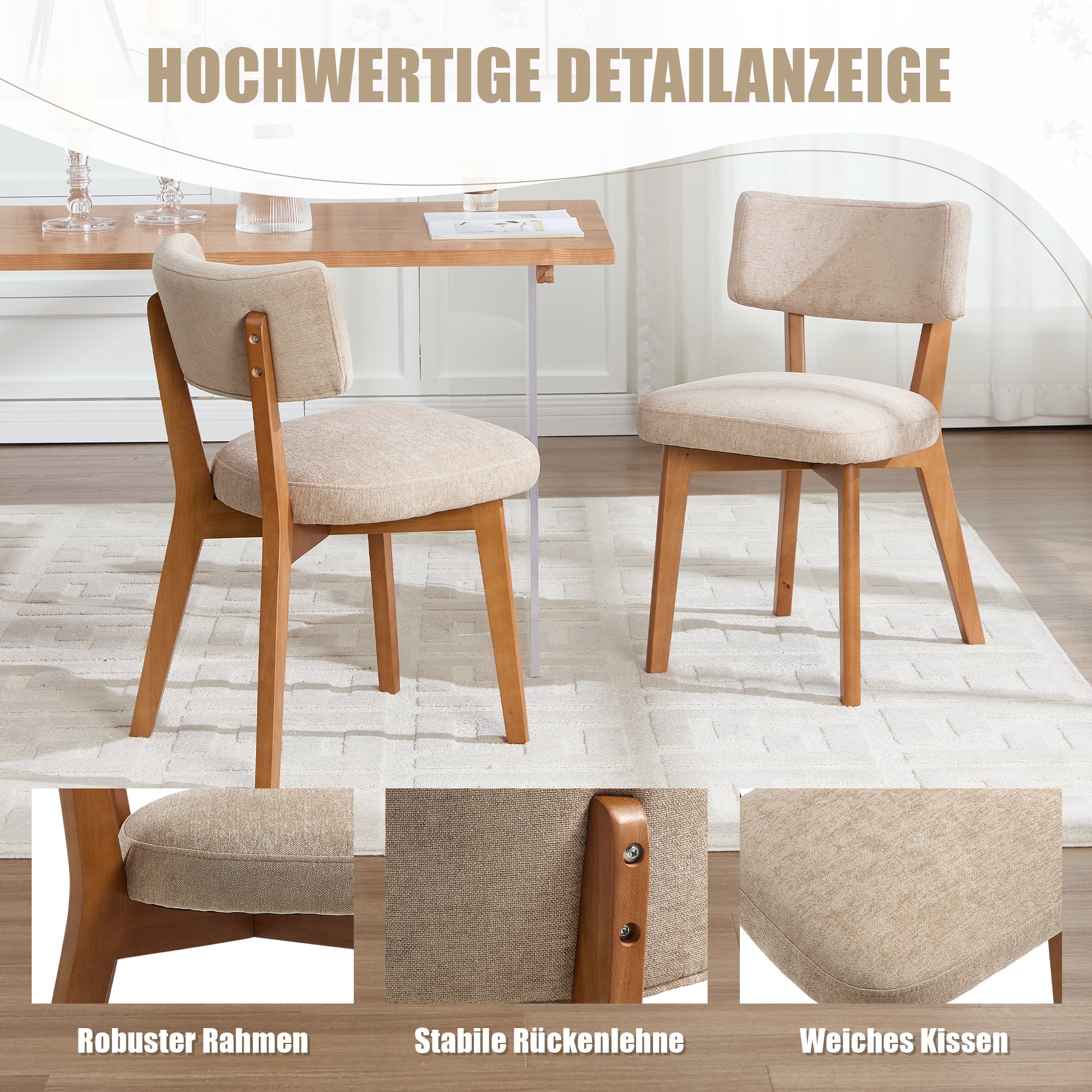 Dining Chair Set of 2, Mid-Century Solid Wood Legs Upholstered Seat - Fabric