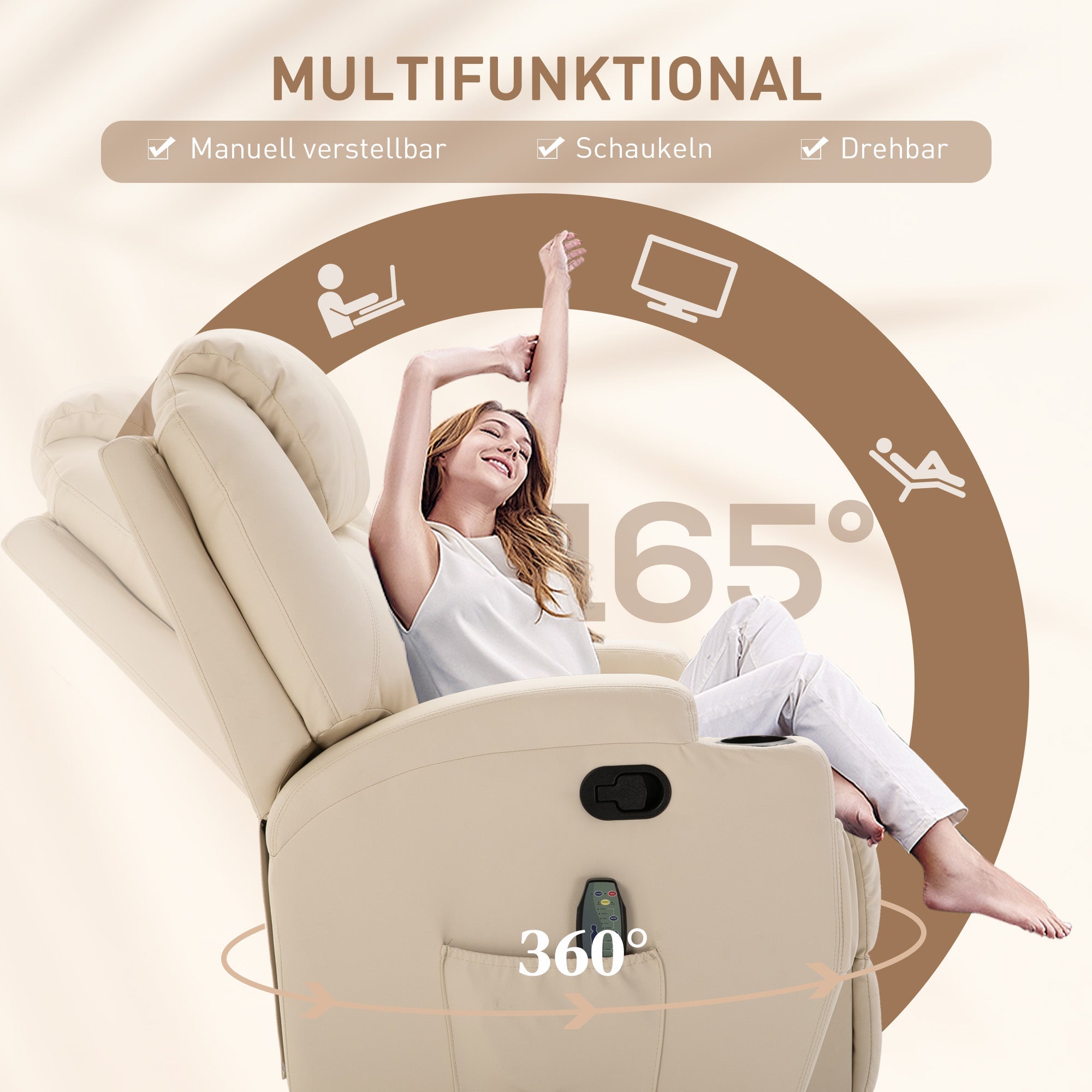 Reclining Armchair Electric Massage Chair 5 Modes Faux Leather Cream White
