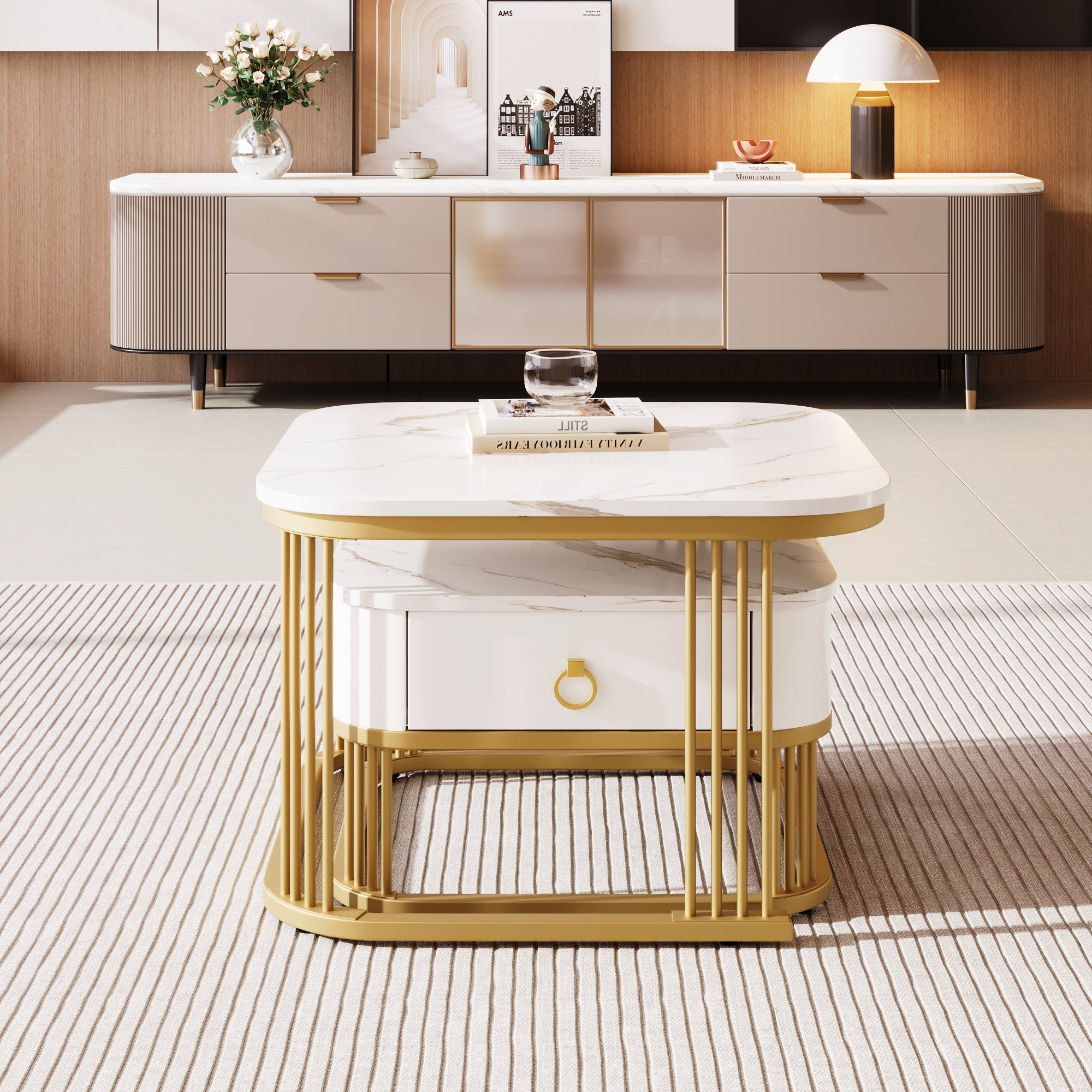 Stackable Coffee Table: Marble Look, Gold Accents, Two-Piece Set