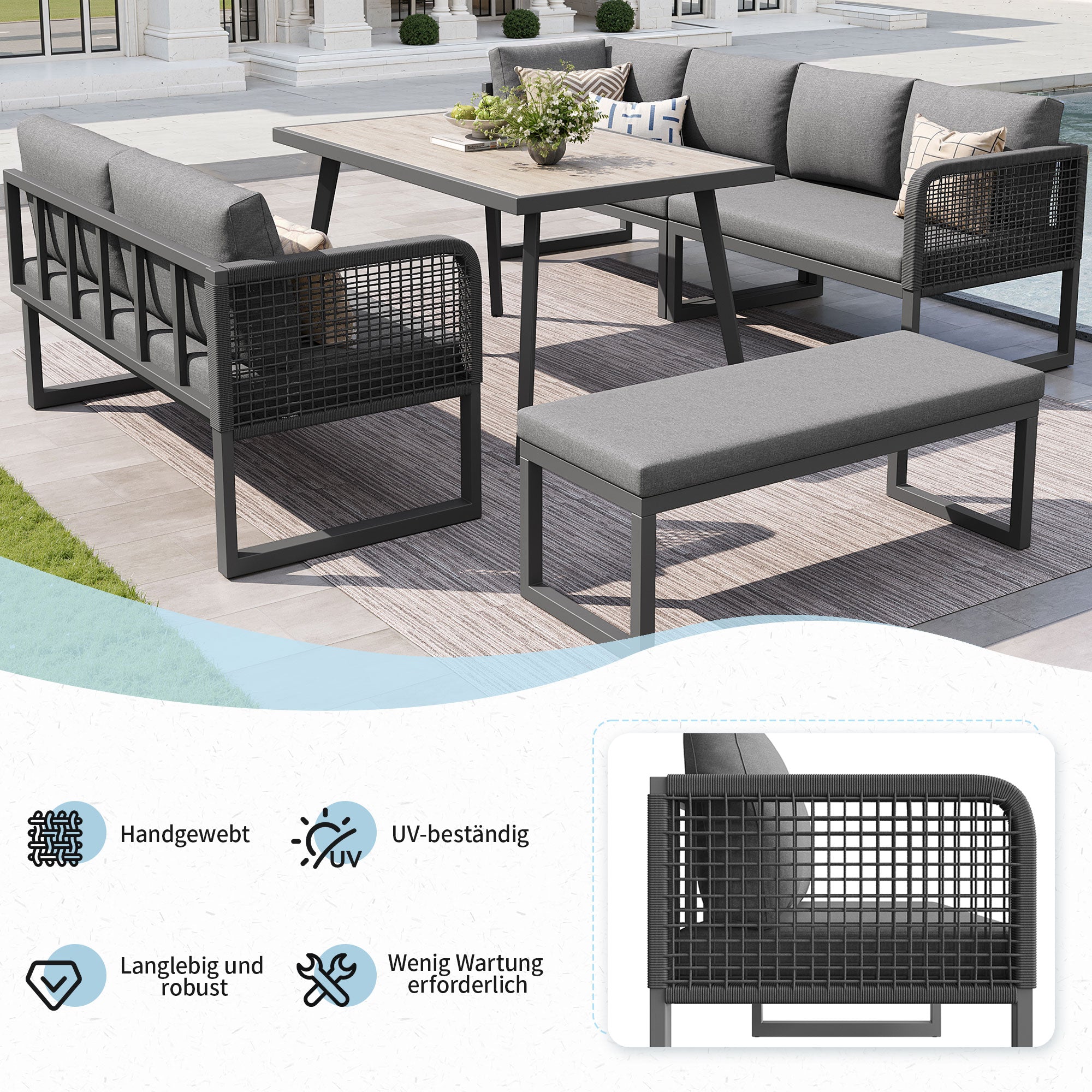 Patio Sofa Set 6-8 Seater Hand-Woven Rattan with Cushions - Grey