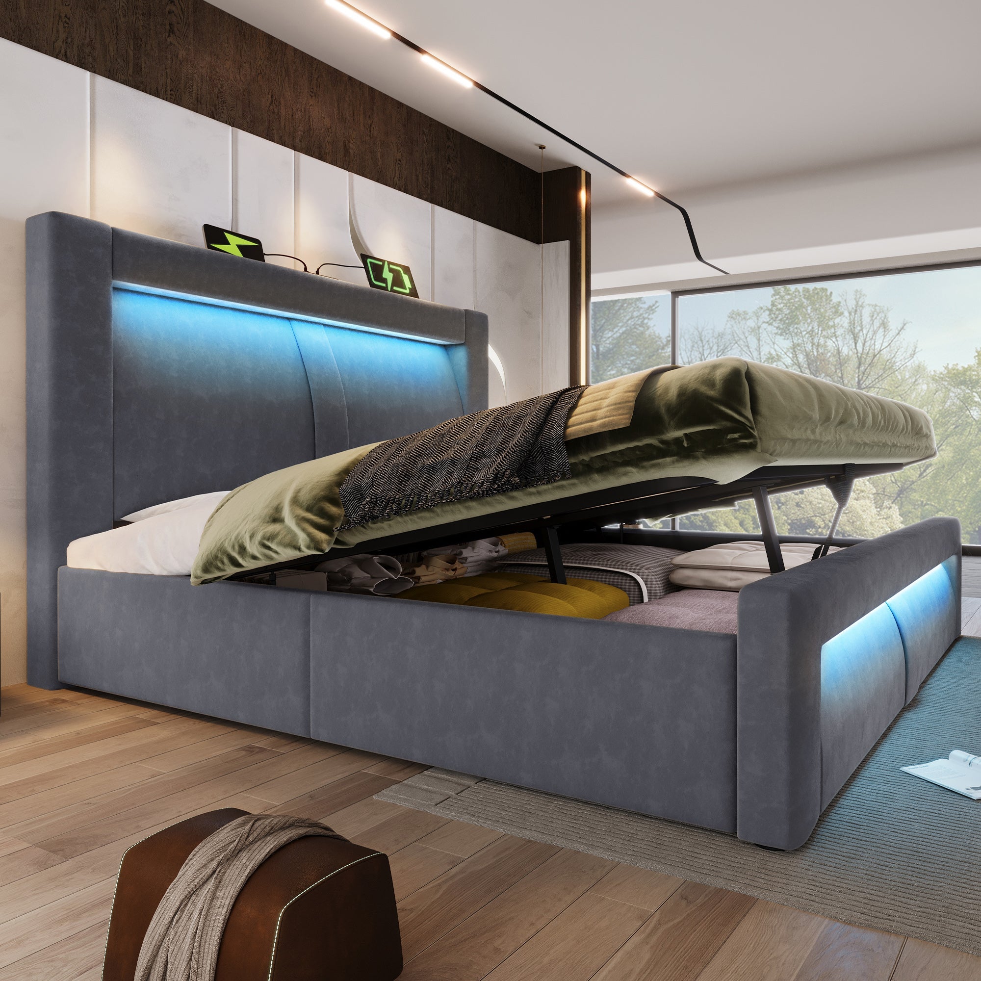 Double Bed 140x200 cm with Hydraulic Storage, LED, USB and Type-C, Grey Velvet