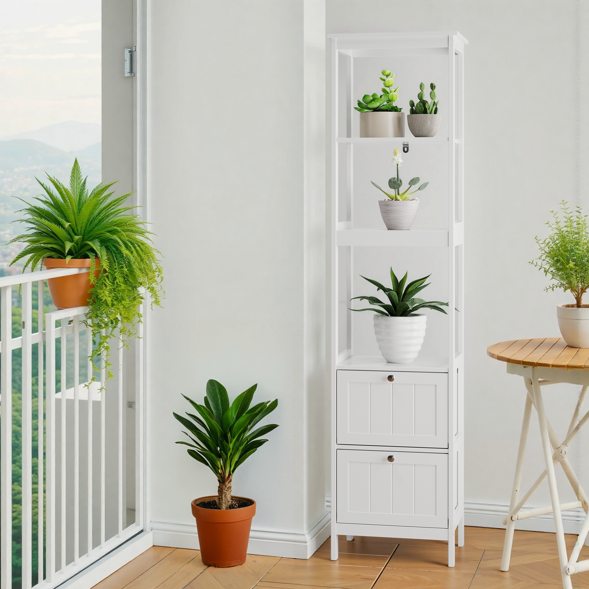 Narrow Tall Cabinet, Bathroom Freestanding with 2 Drawers & 3 Shelves, Wooden White