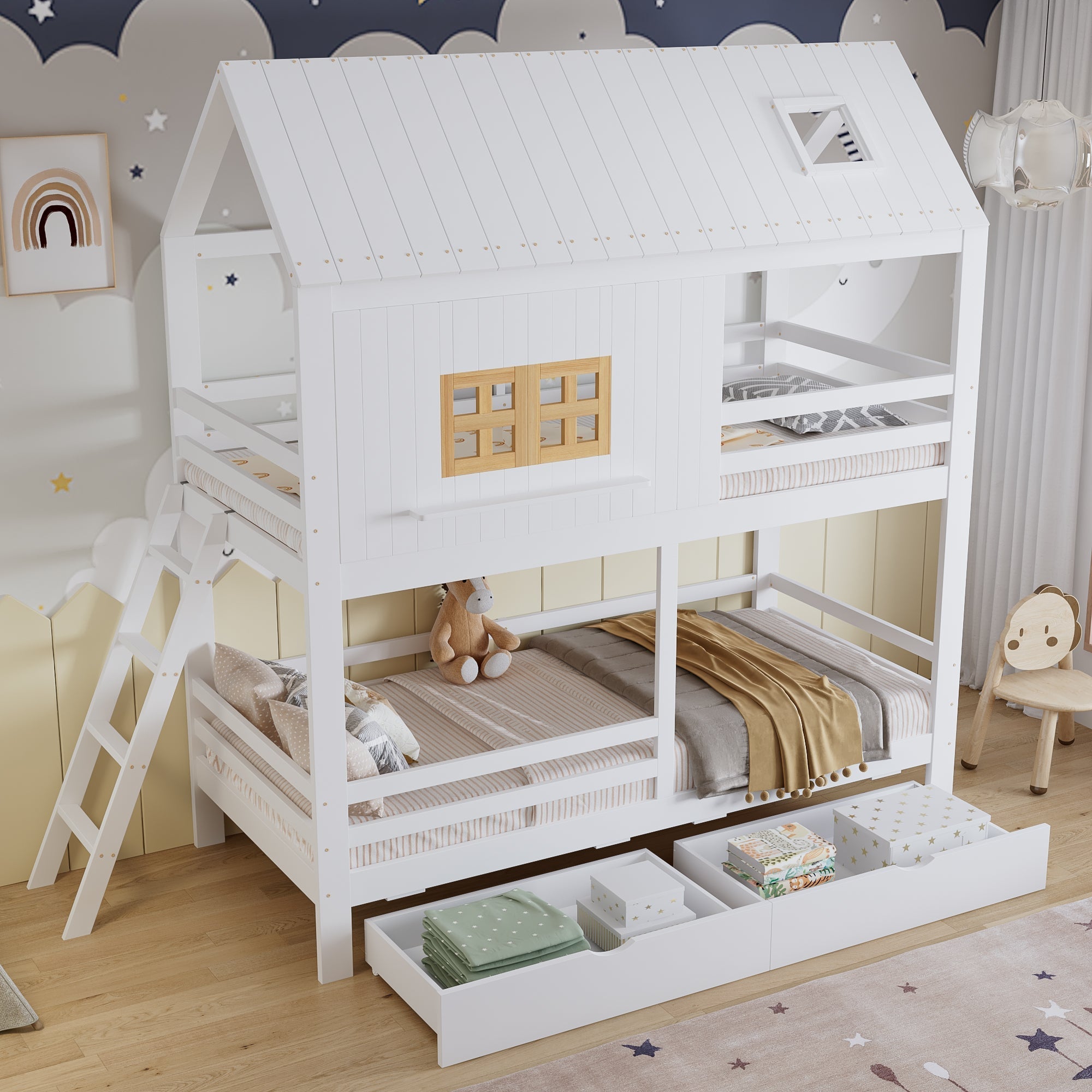 Bunk Bed 90x200cm House Design 2 Drawers Ladder - White/Natural