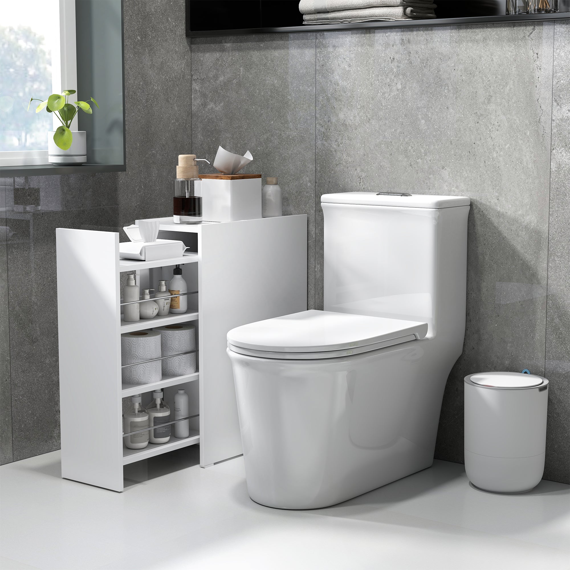 Slim Bathroom Cabinet, Wheels, 3 Deep Compartments, White