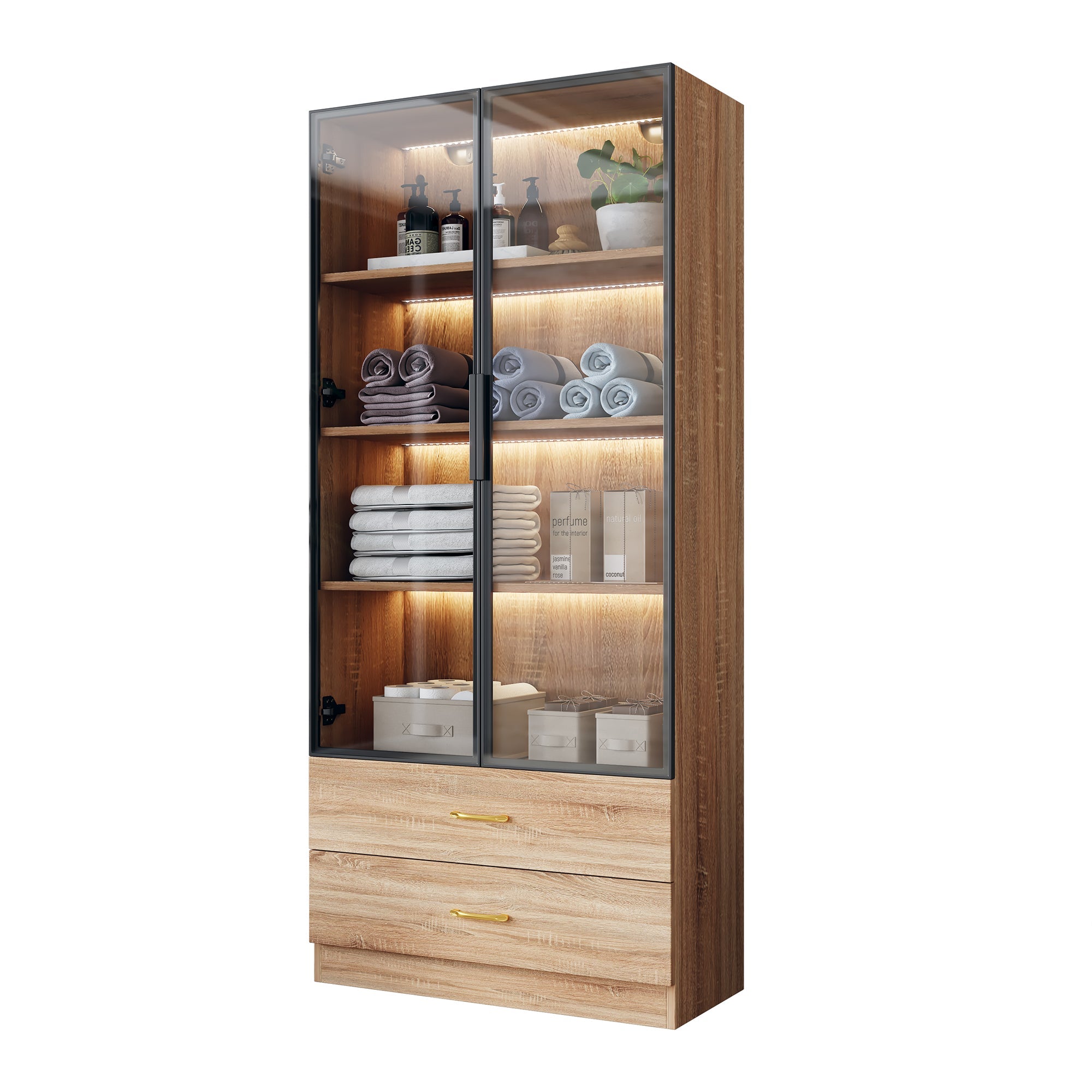 Bathroom Cabinet Medium 75cm Light Strip 2 Drawers Glass Door