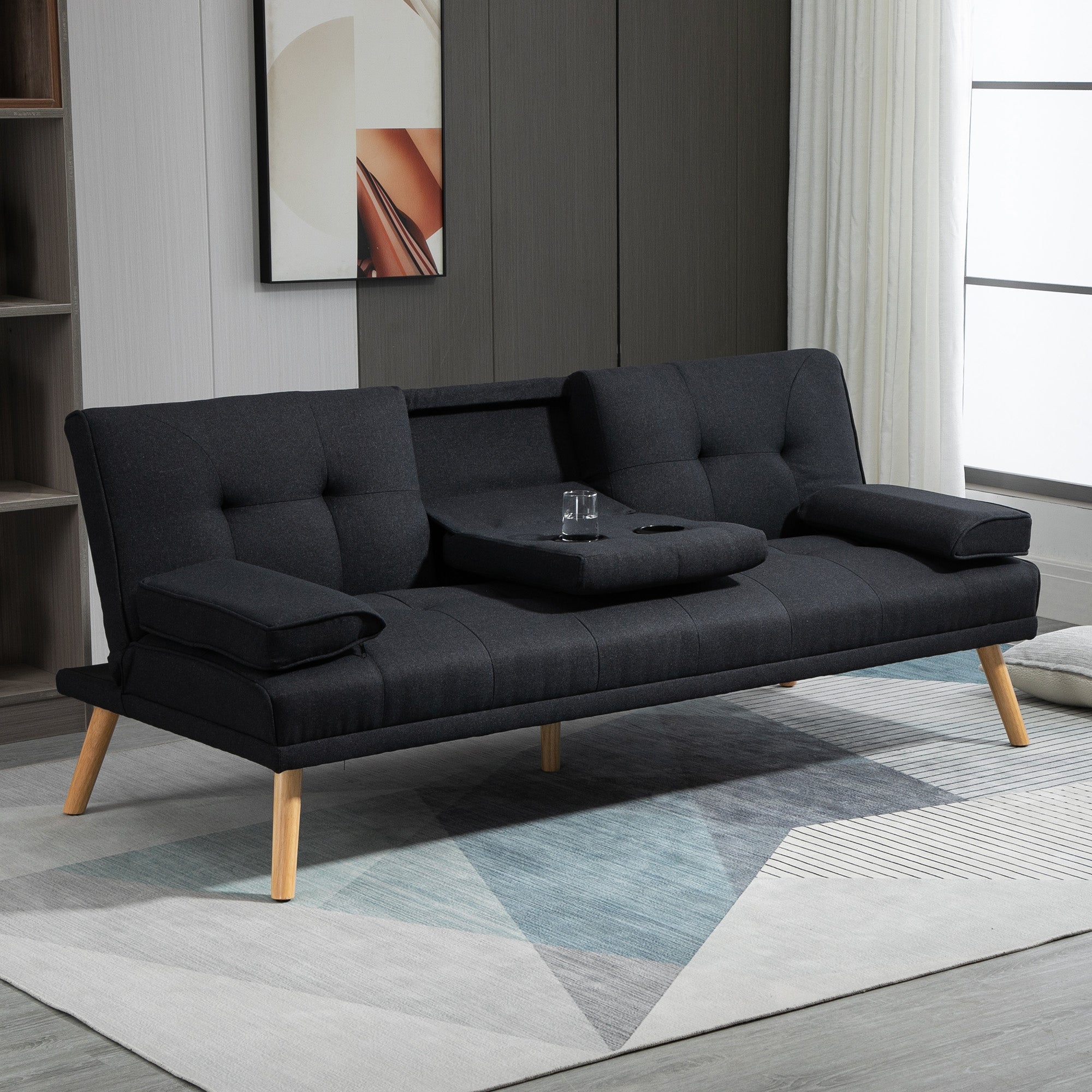 Sofa Bed 3-Seater Fold-Down Table Cup Holder Scandinavian Design Linen Look Grey