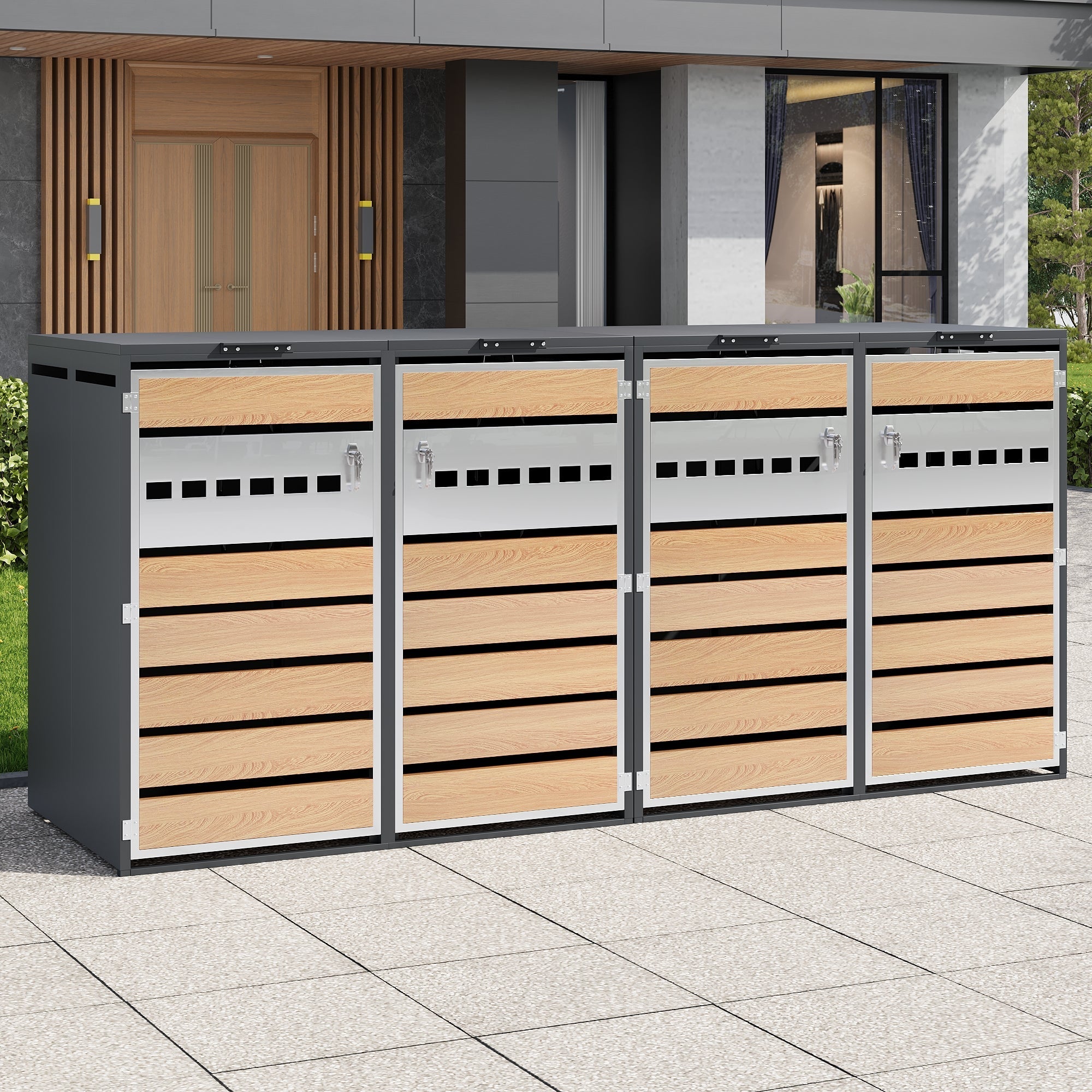 Bin Storage Box with Hinged Lid, Lockable and Four Doors, Horizontal Wood Grain Blocks