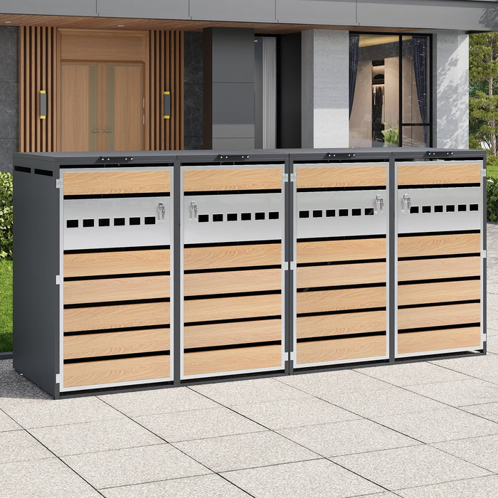 Bin Storage Box with Hinged Lid, Lockable and Four Doors, Horizontal Wood Grain Blocks