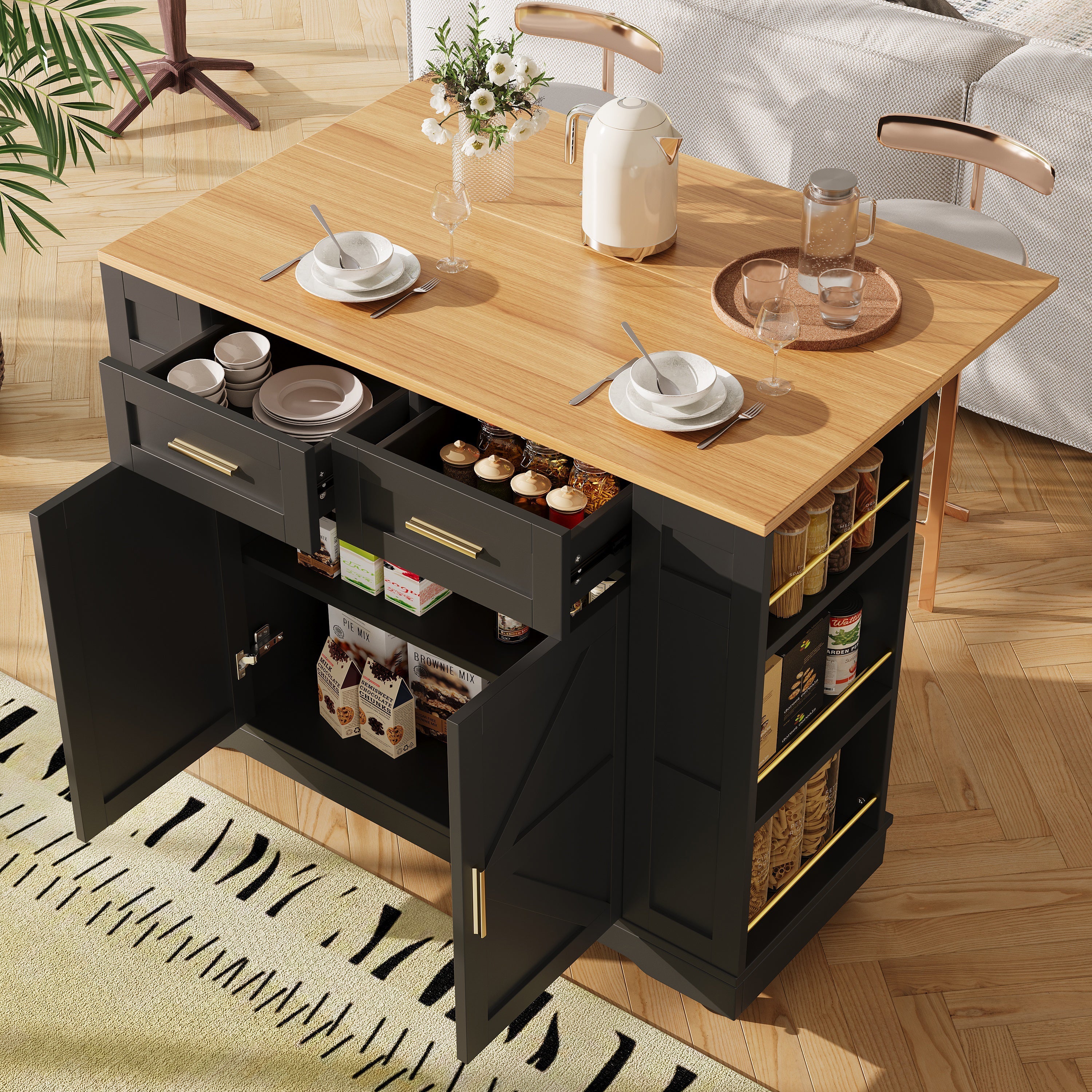 Kitchen Island on Wheels with 2 Drawers, Double-Sided Storage Racks, Foldable Worktop, Black