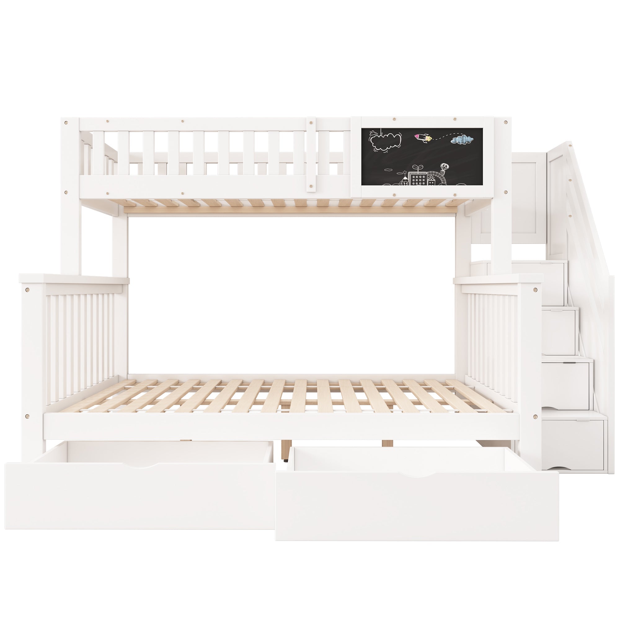 Children's Bunk Bed with Chalkboard and Drawers, 90x200 & 140x200cm, White