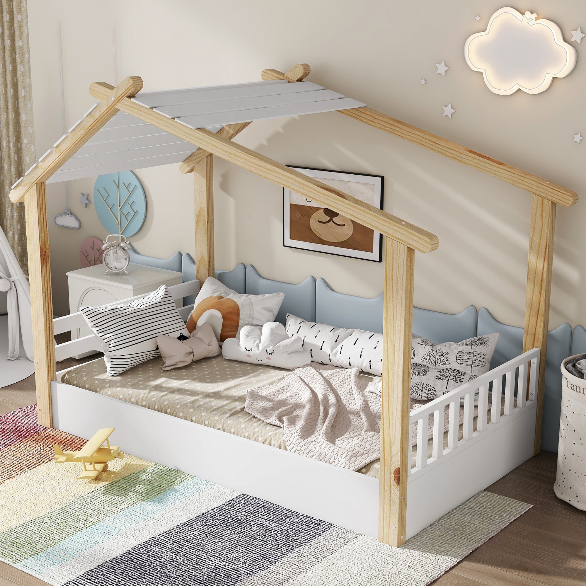 Wooden Bed, House Design Single, Pine + Chipboard + MDF, White + Natural