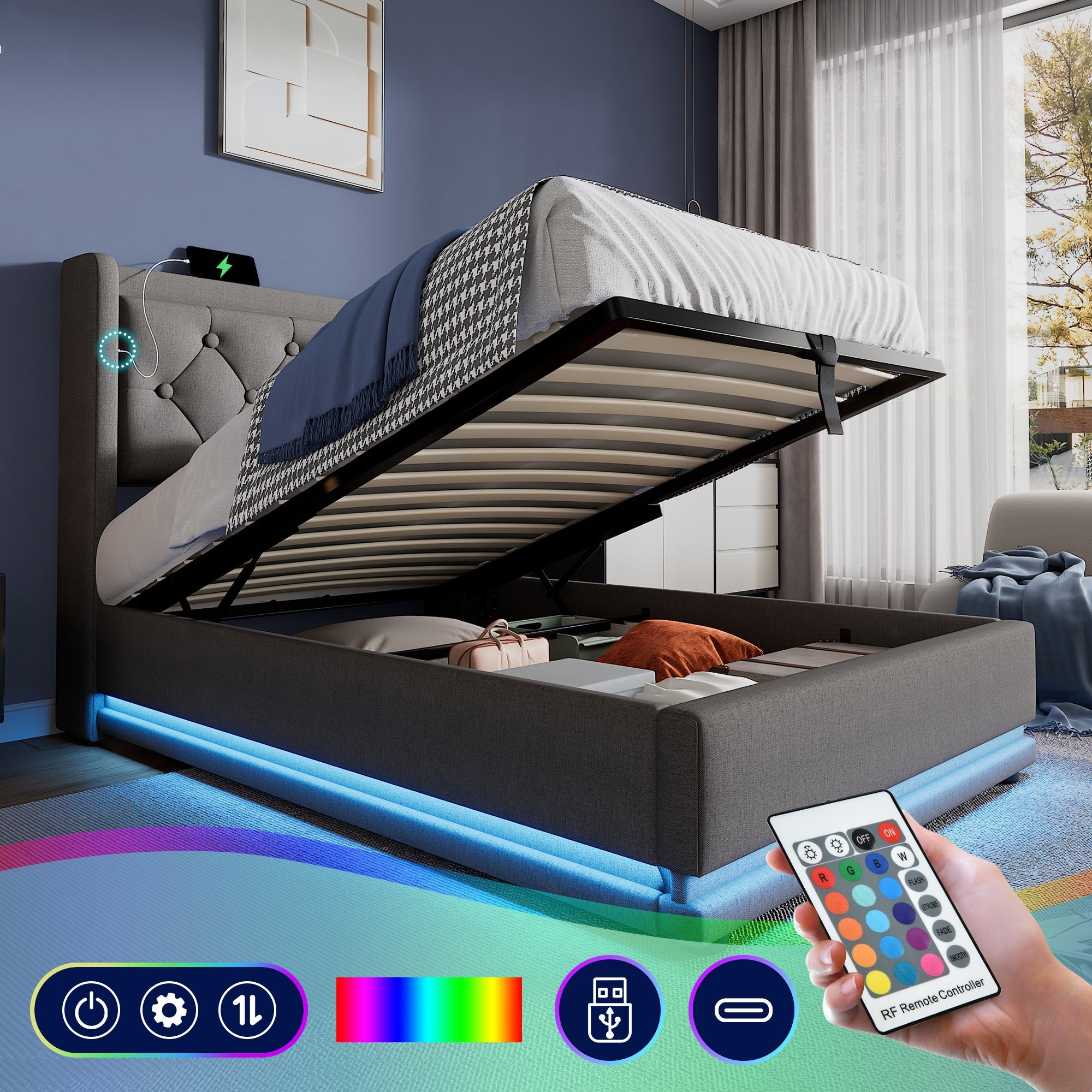 Upholstered Double Bed 90x200cm Hydraulic Storage USB-C LED Headboard, Grey Cotton
