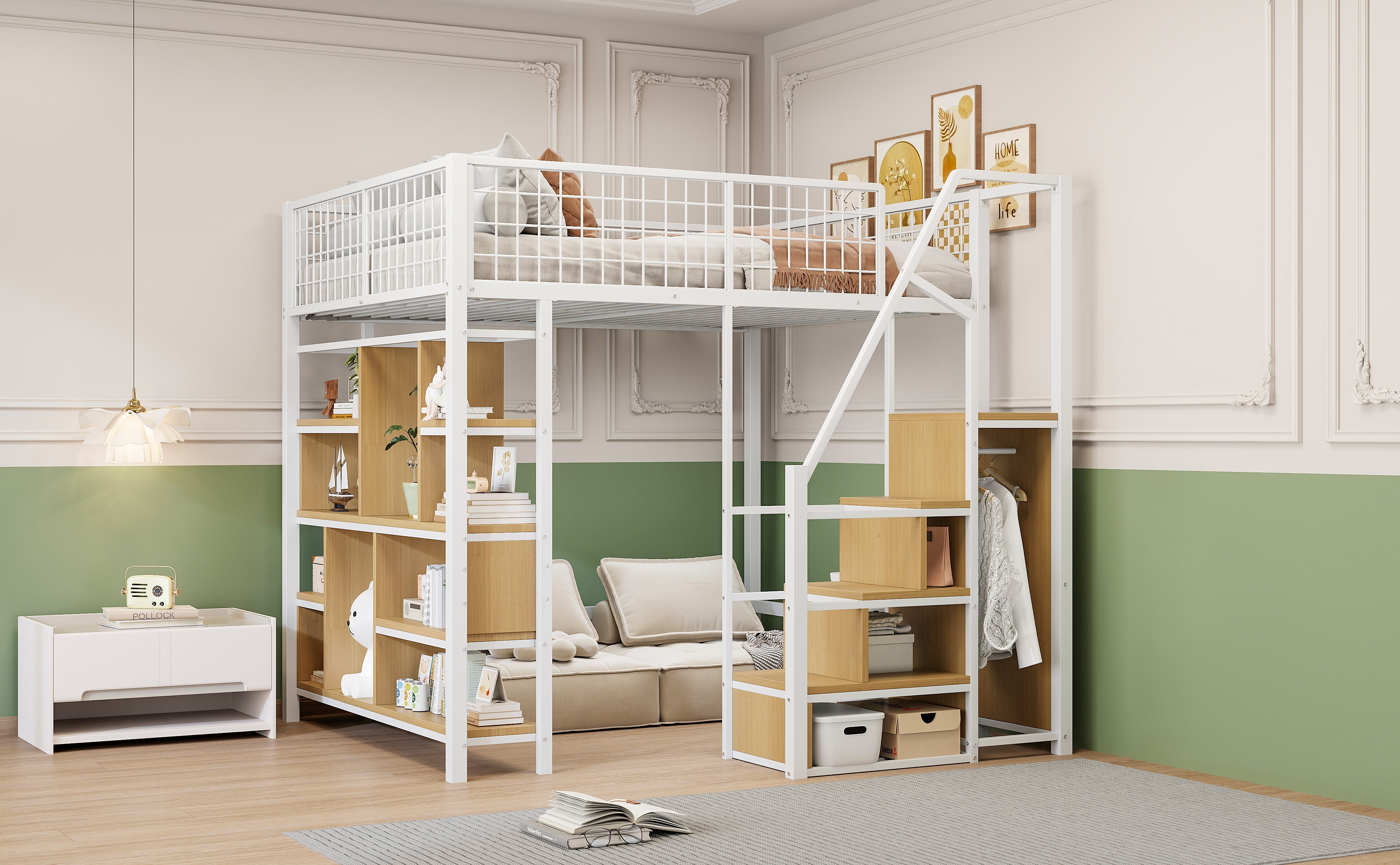 Loft Bed 140x200cm Storage Shelves Stairs - White Metal