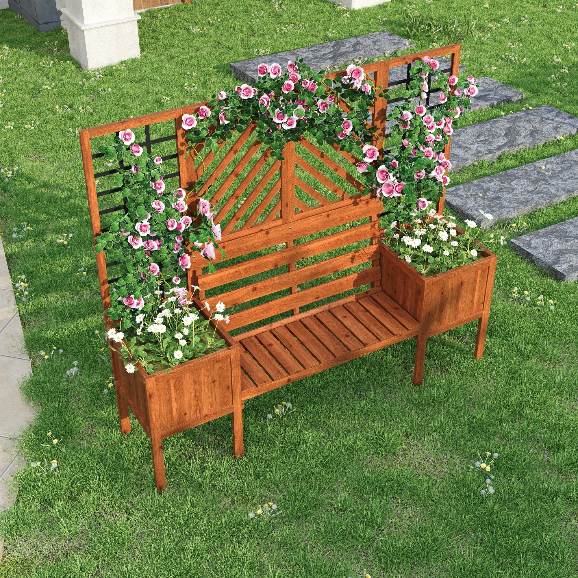 Plant pot, planter with trellis, flower box, brown solid fir wood