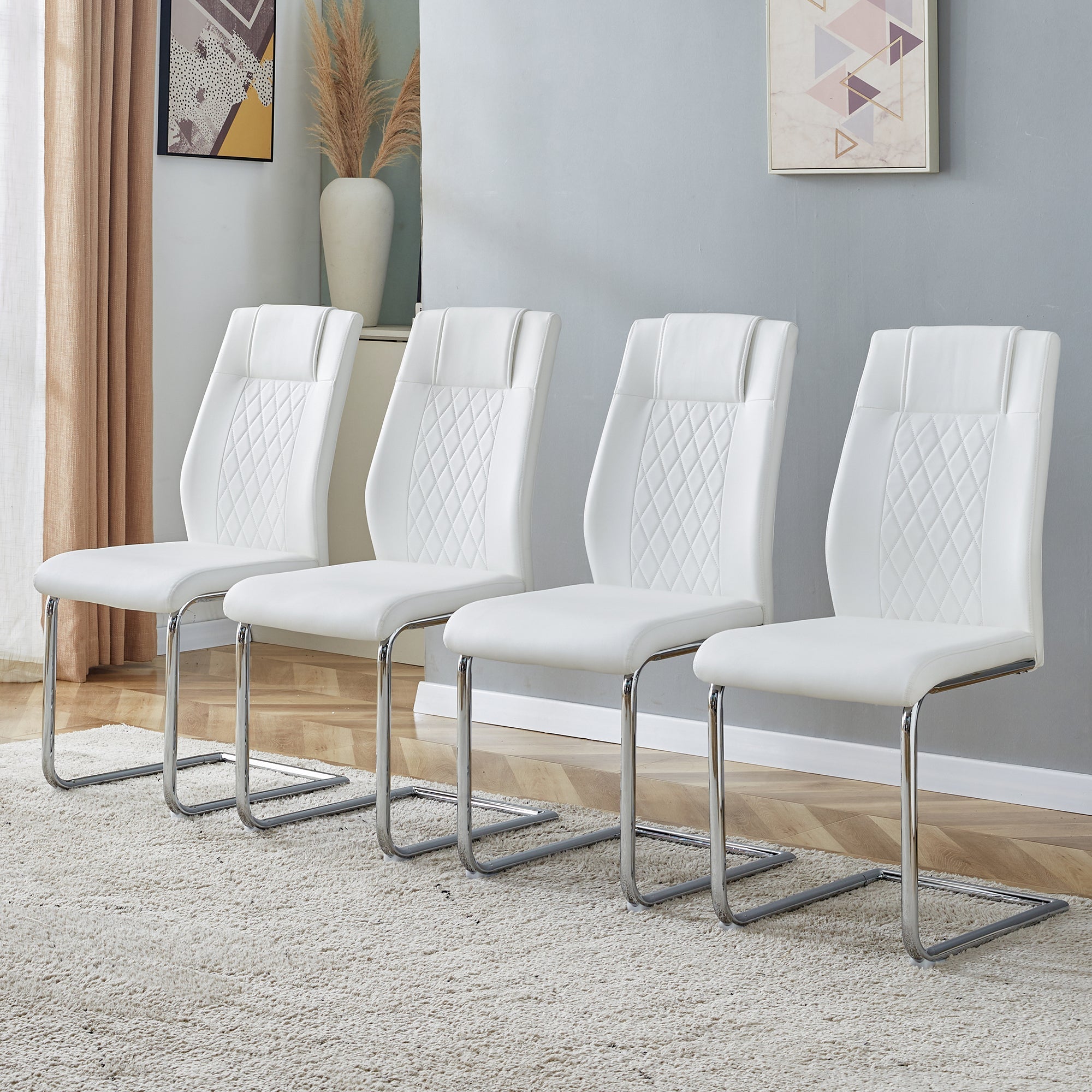 Scandinavian Dining Chairs Set of 4 Mesh Back Metal Legs - White PU