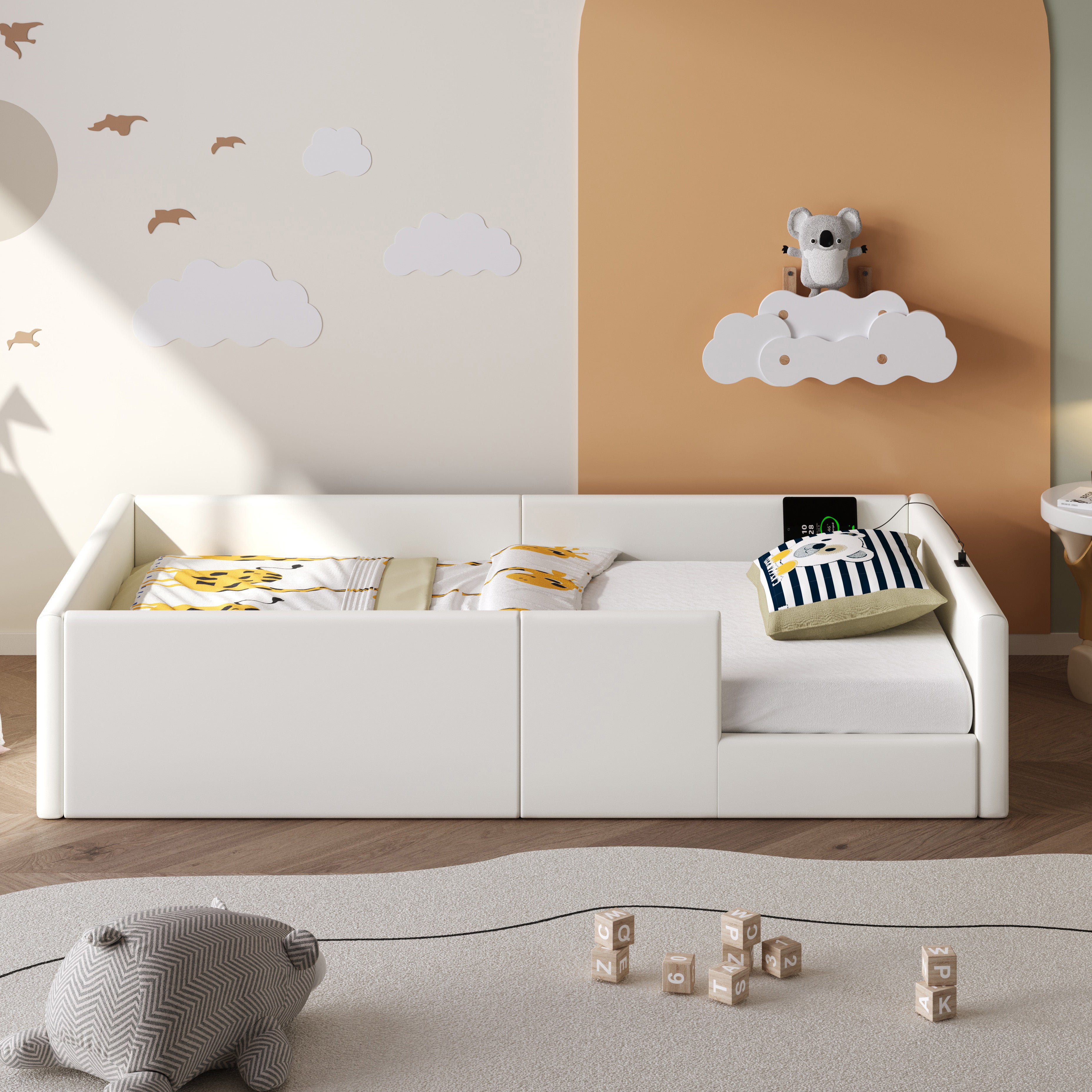 Upholstered Platform Bed with Safety Railing and Charging Station, 90x200cm, White Velvet