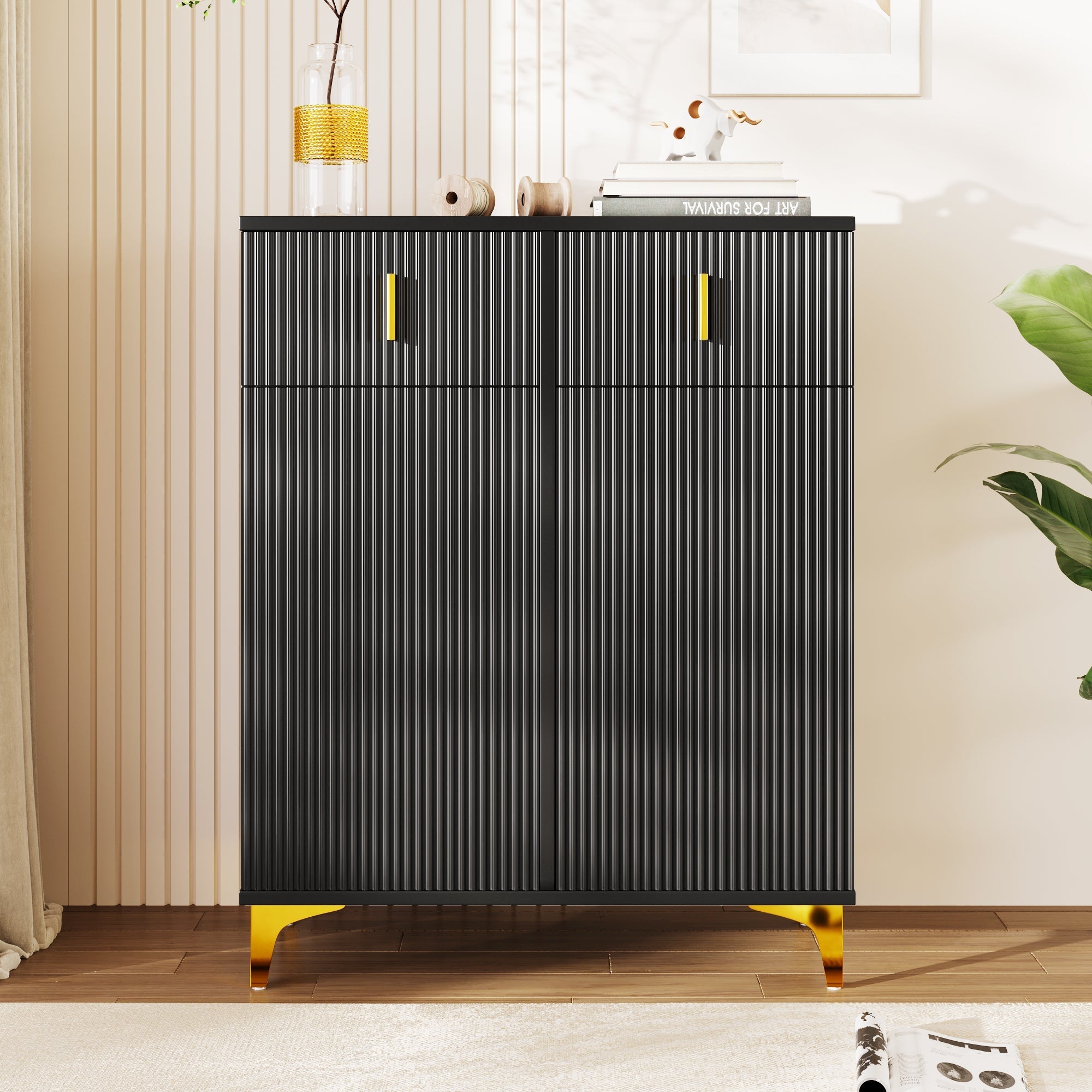 Sideboard/Shoe Cabinet with Adjustable Shelves, Drawers, Gilded Decorations, Black