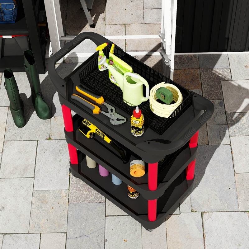 Workshop trolley with 3 levels, handle, 68 kg load capacity, black