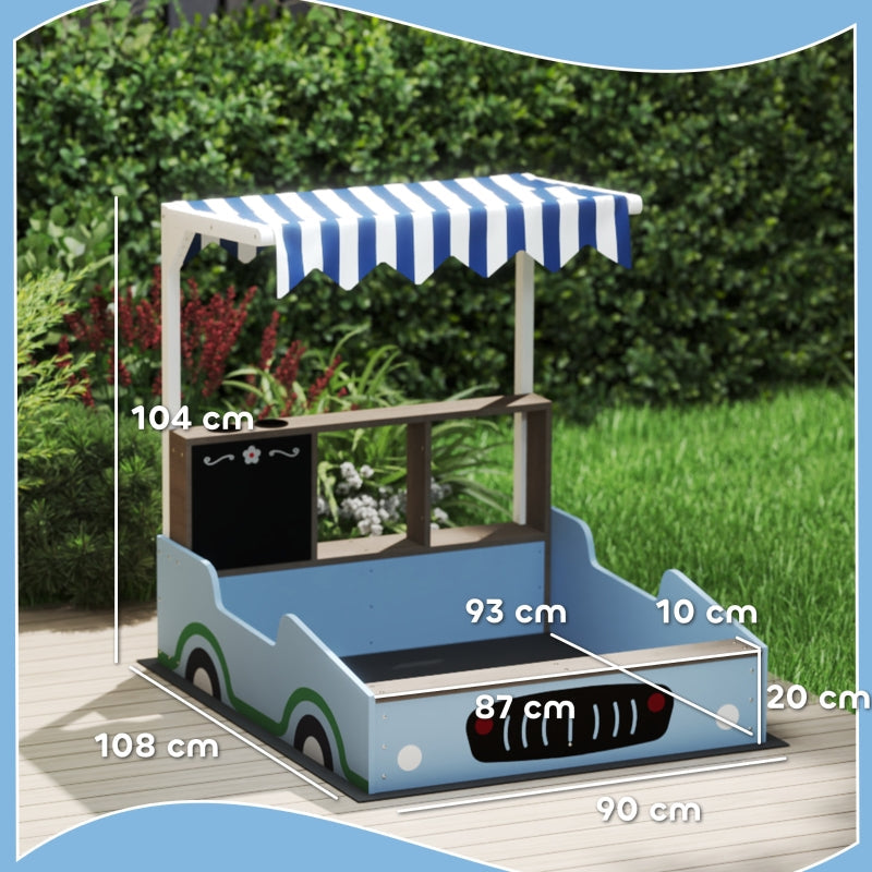 AIYAPLAY Sandpit with canopy, shop design, bench, drawing board, fir wood, blue