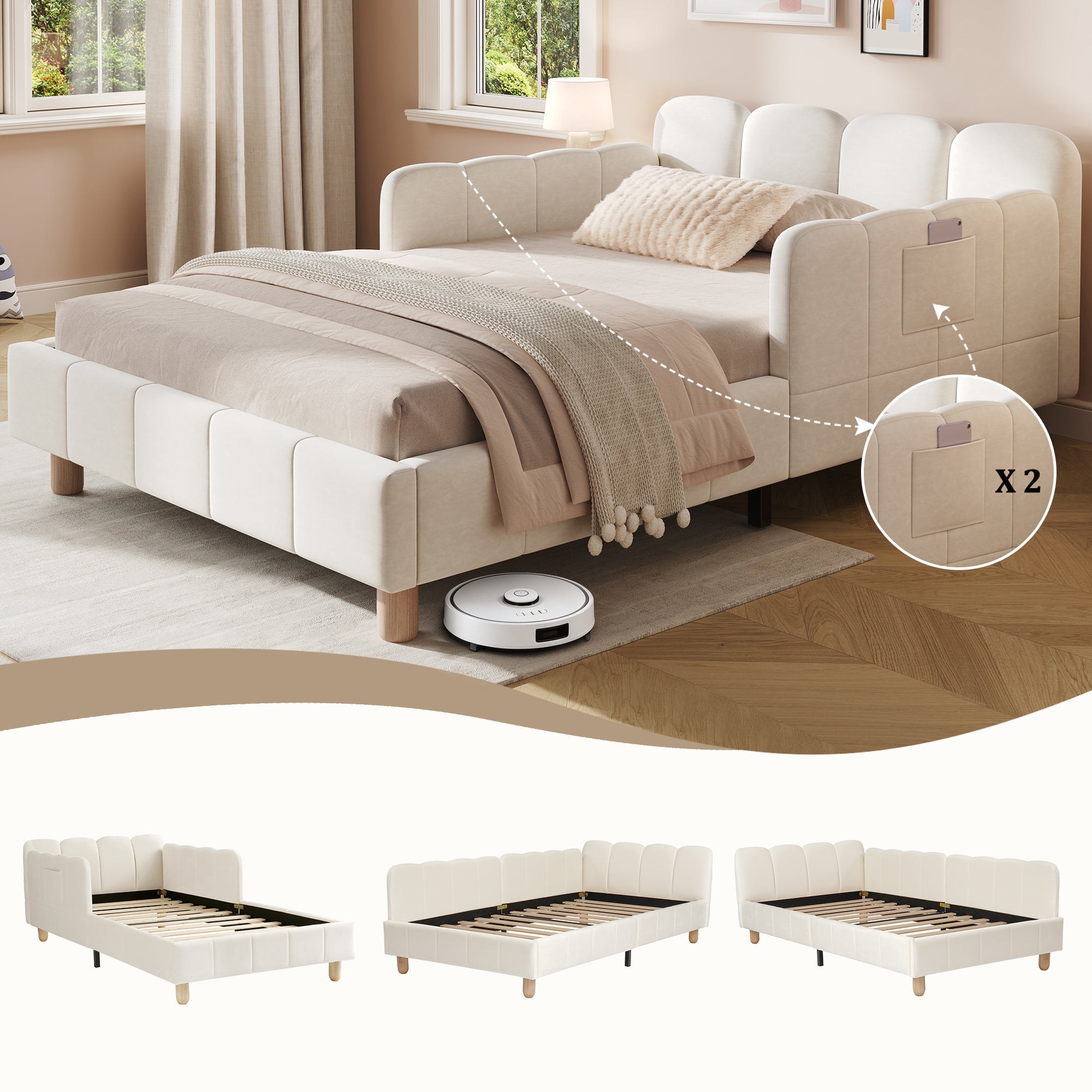 Upholstered Children's Single Bed with Headboard and Safety Rail, 90x200cm, Beige Velvet