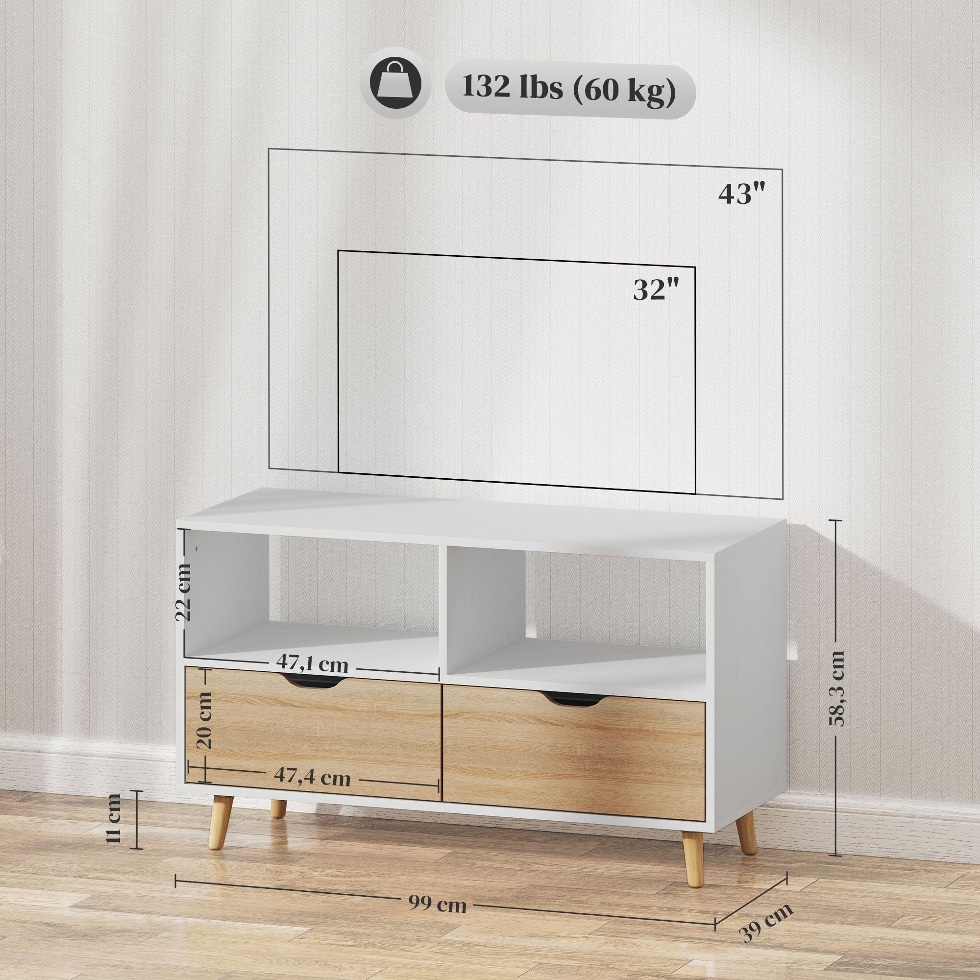 TV Cabinet Lowboard, 2 Shelves, Drawer, White